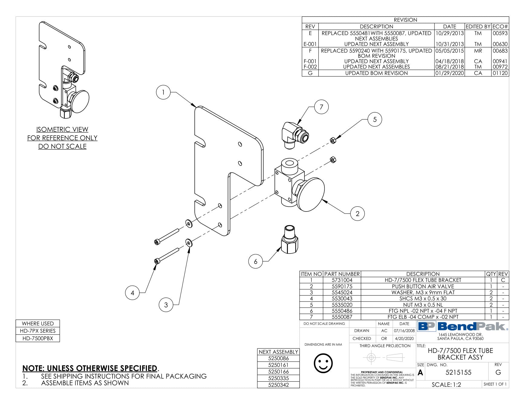 BendPak HD-7PXW parts diagram — HD-7/7500 Flex Tube Bracket is item 1 (HD-7/7500 FLEX TUBE BRACKET ASSY)