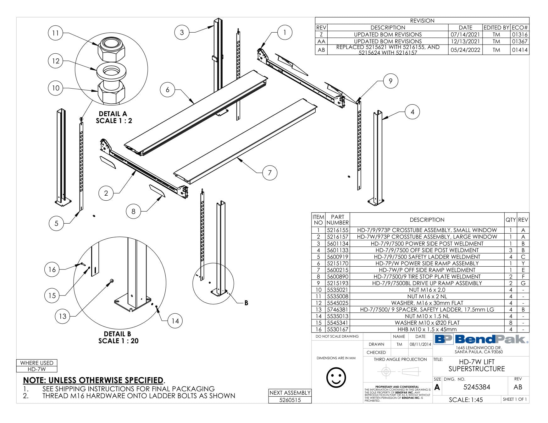 BendPak HD-7W parts diagram — HD-7P/W Off Side Ramp Weldment is item 7 (HD-7W LIFT SUPERSTRUCTURE)