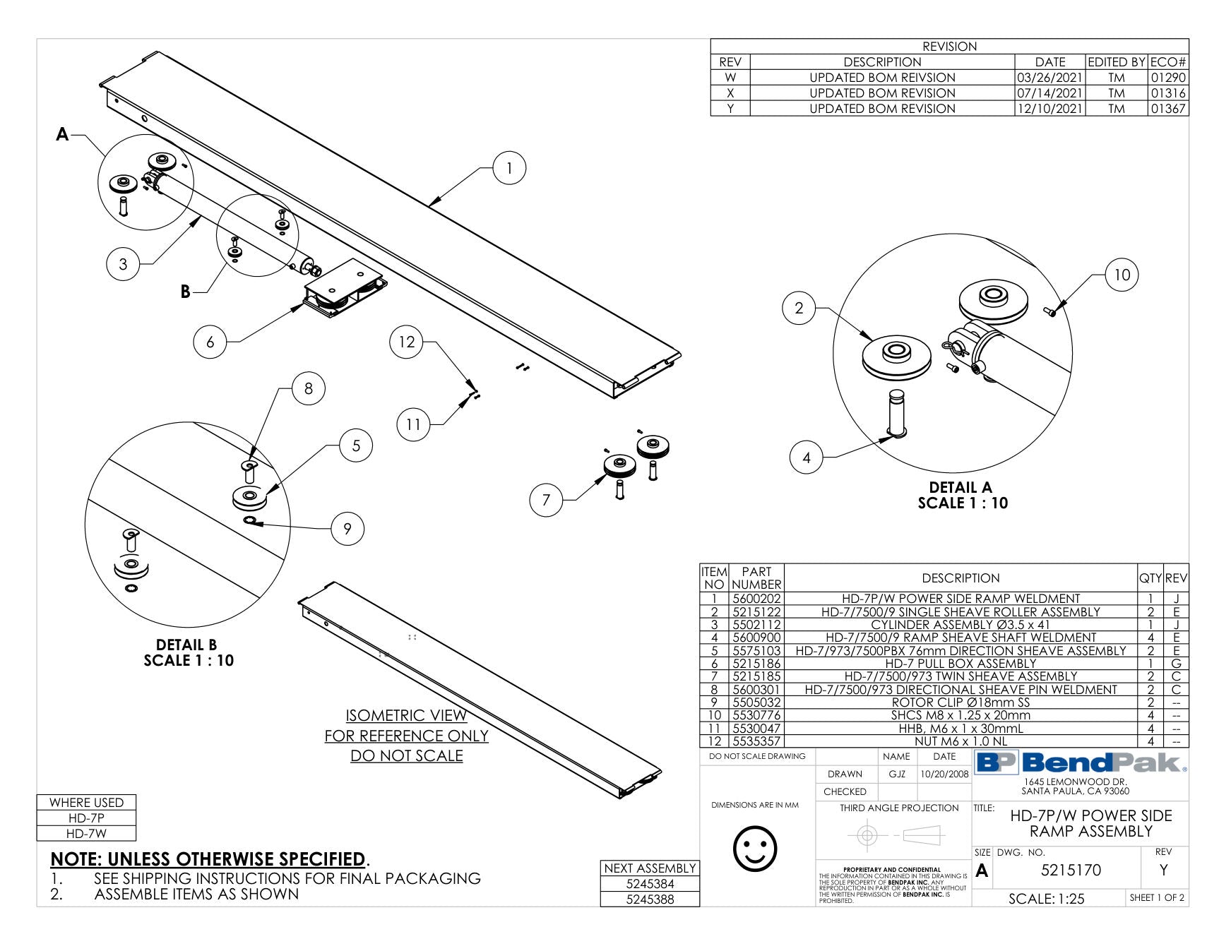 BendPak HD-7W parts diagram — HD-7 Series Pull Box Assy. is item 6 (HD-7P/W POWER SIDE RAMP ASSEMBLY)