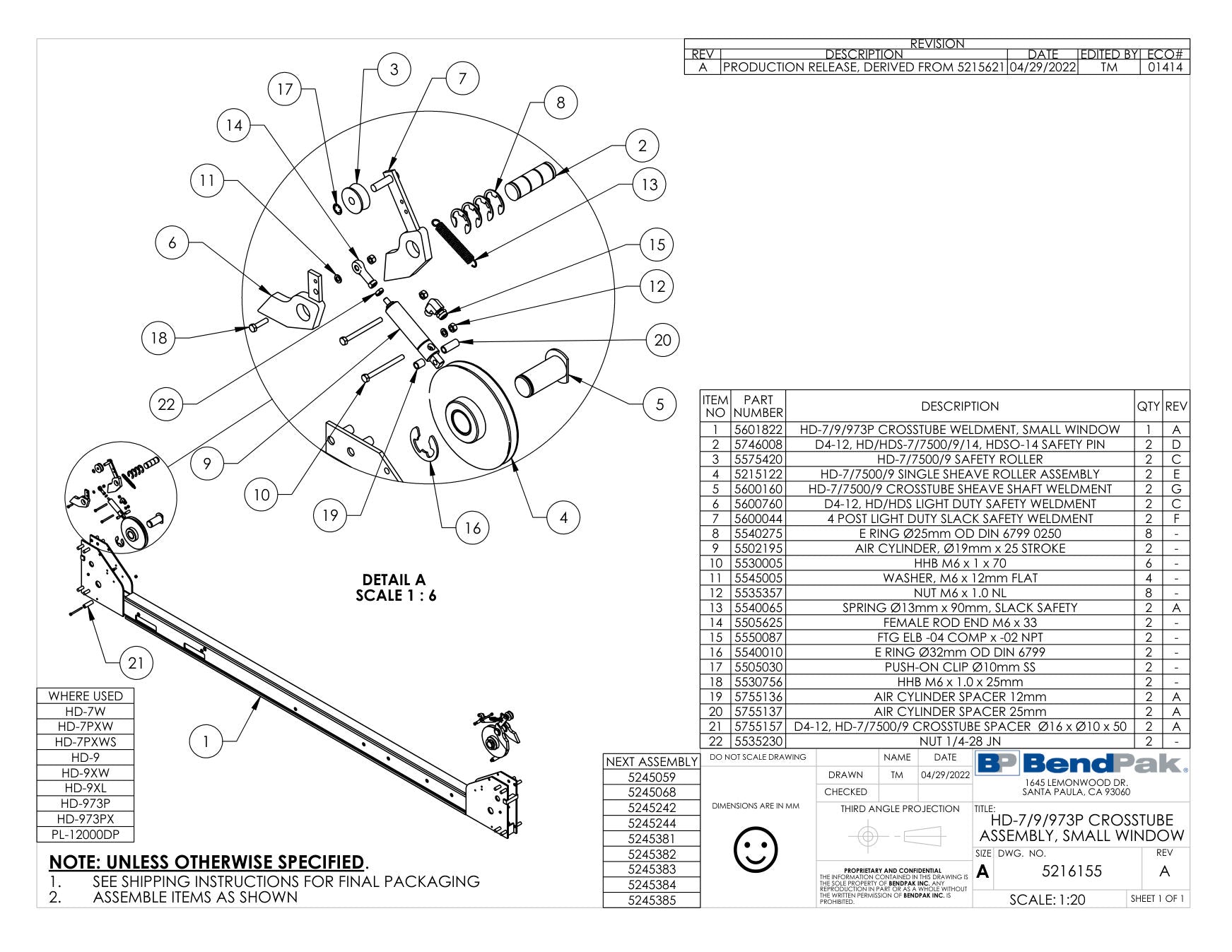 BendPak HD-7W parts diagram — HD-7/9/973P Crosstube Weldment, Small Window is item 1 (HD-7/9/973P CROSSTUBE ASSEMBLY, SMALL WINDOW)
