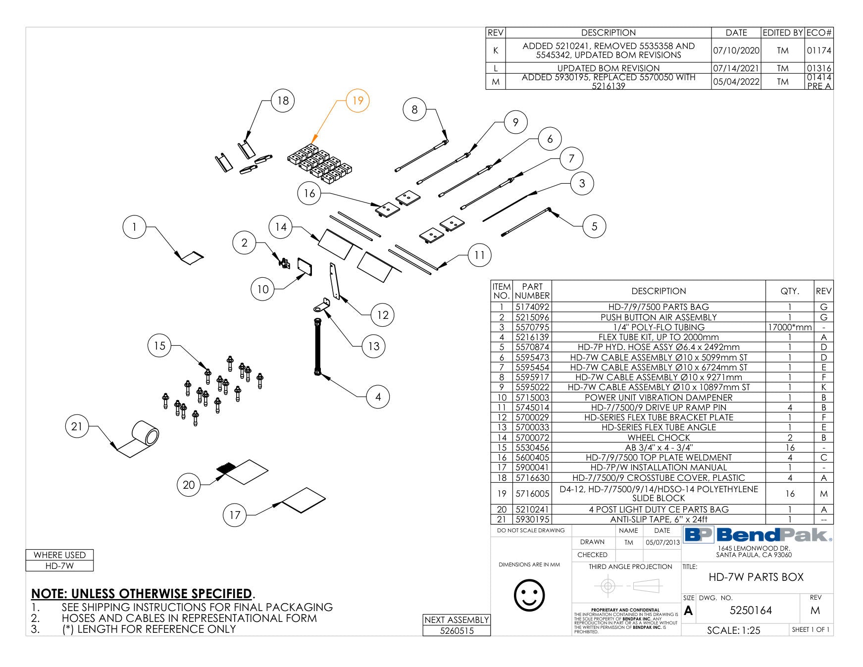 BendPak HD-7W parts diagram — Hydraulic Hose Assembly Ø6.35 X 2492MM Sb is item 5 (HD-7W PARTS BOX)