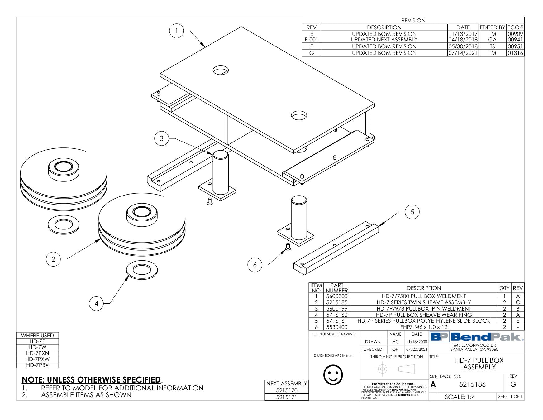 BendPak HD-7W parts diagram — HD-7/973 Series Pull Box Sheave Wear Ring is item 4 (HD-7 PULL BOX ASSEMBLY)