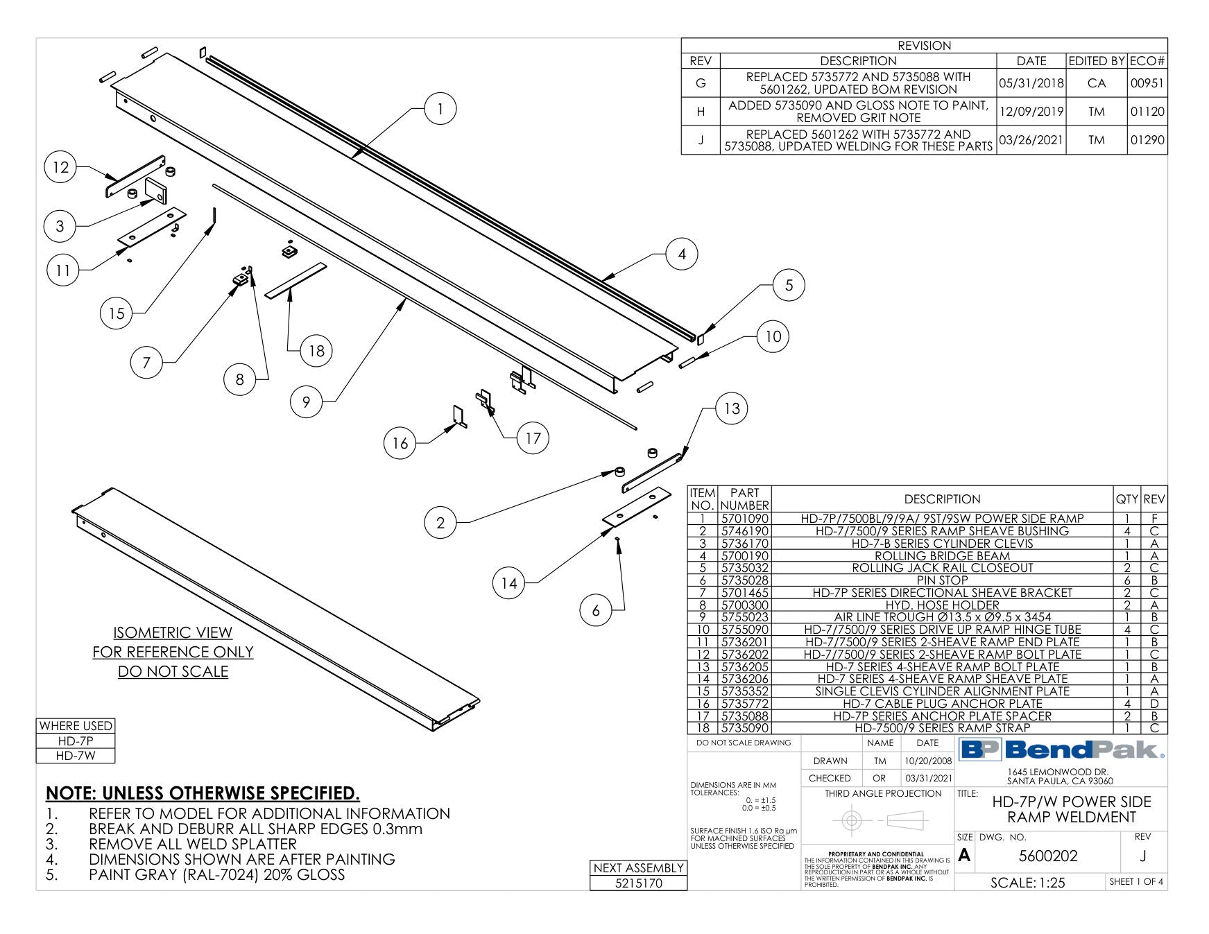 BendPak HD-7W parts diagram — HD-7/7500PBX/973 Series Directional Sheave Bracket is item 7 (HD-7P/W POWER SIDE RAMP WELDMENT)