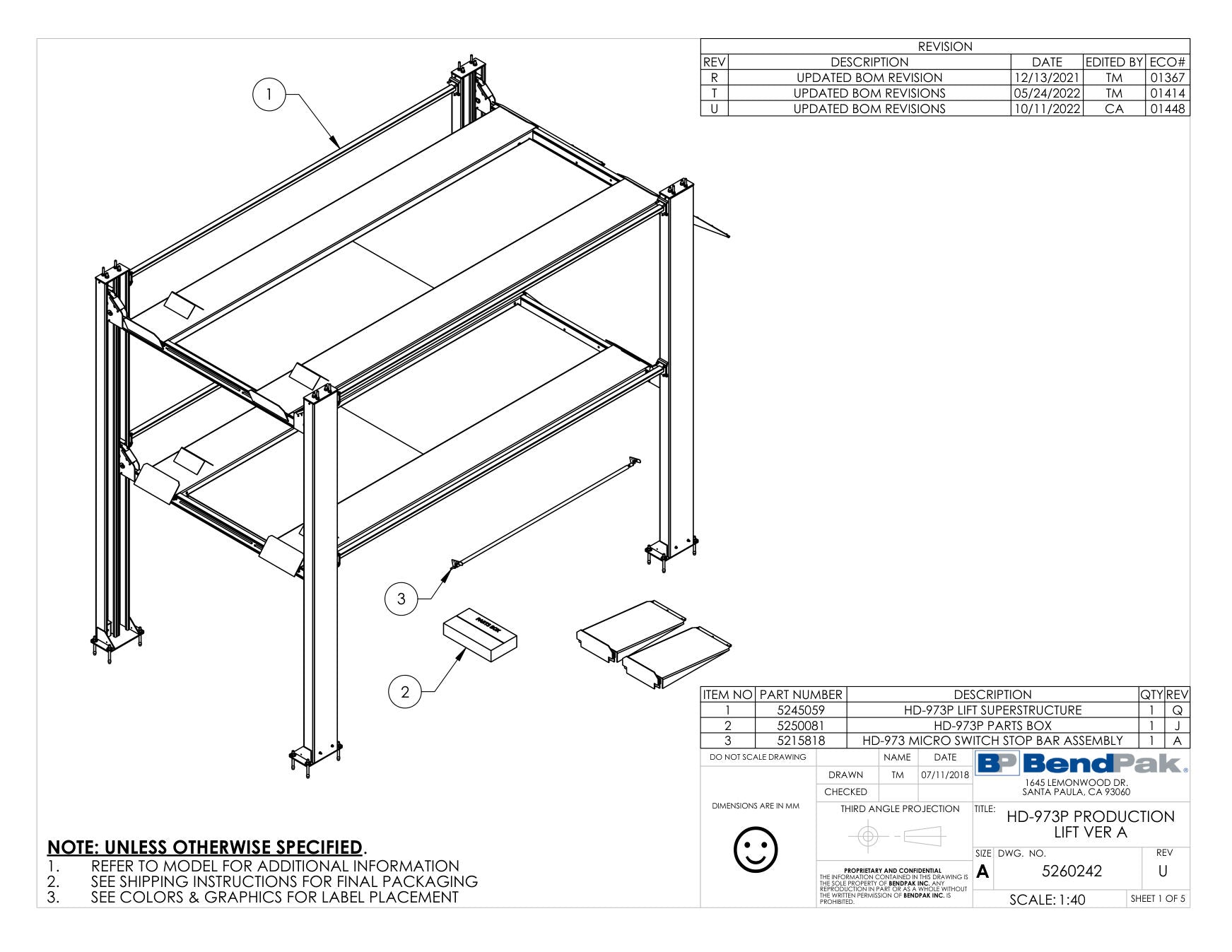 BendPak HD-973P parts diagram — HD-973P Micro Switch Stop Bar Assembly is item 3 (HD-973P PRODUCTION LIFT VER A)
