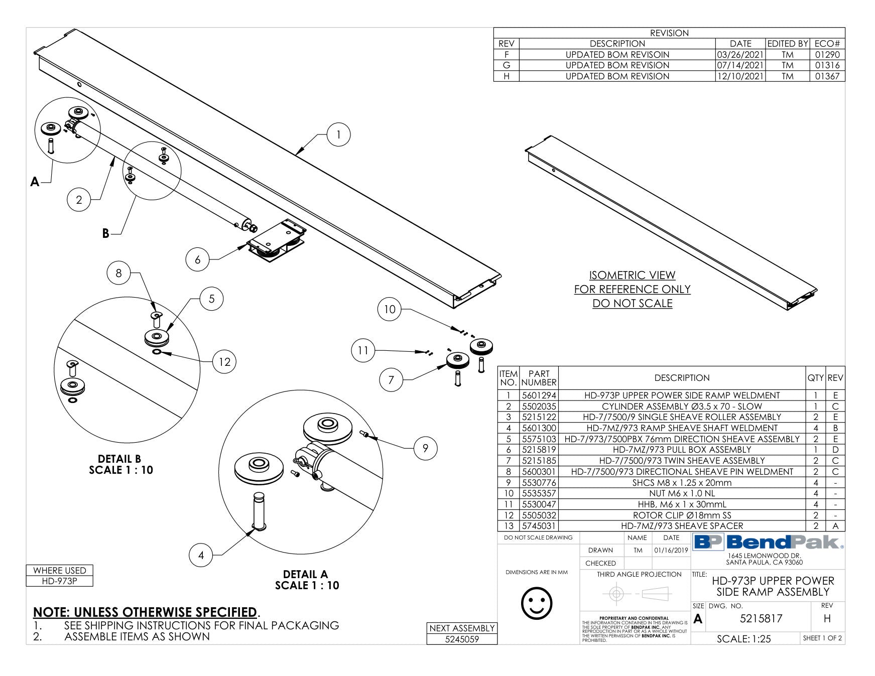 BendPak HD-973P parts diagram — HD-973P Sheave Spacer is item 13 (HD-973P UPPER POWER SIDE RAMP ASSEMBLY)