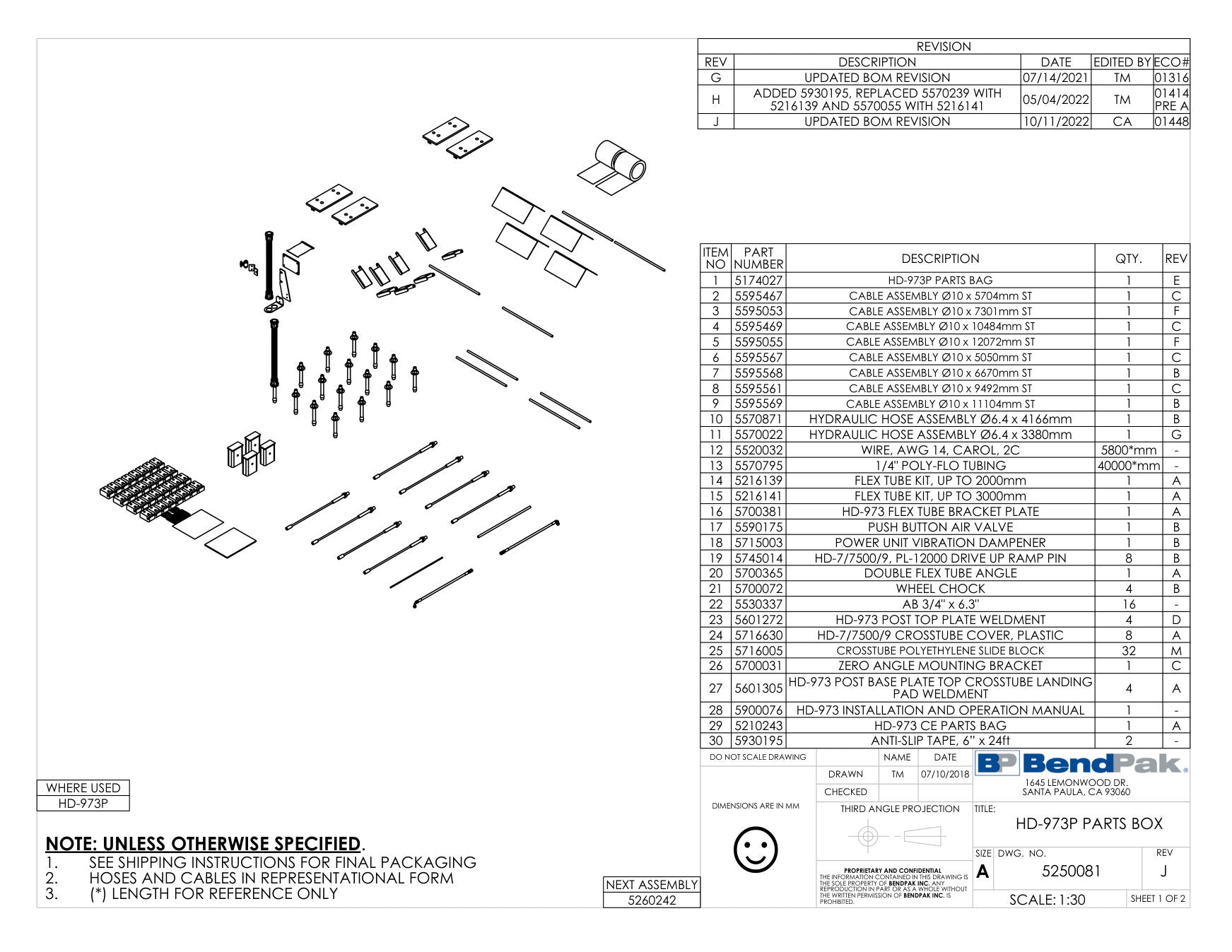 BendPak HD-973P parts diagram — Cable Assembly Ø10 X 5704MM St is item 2 (HD-973P PARTS BOX)