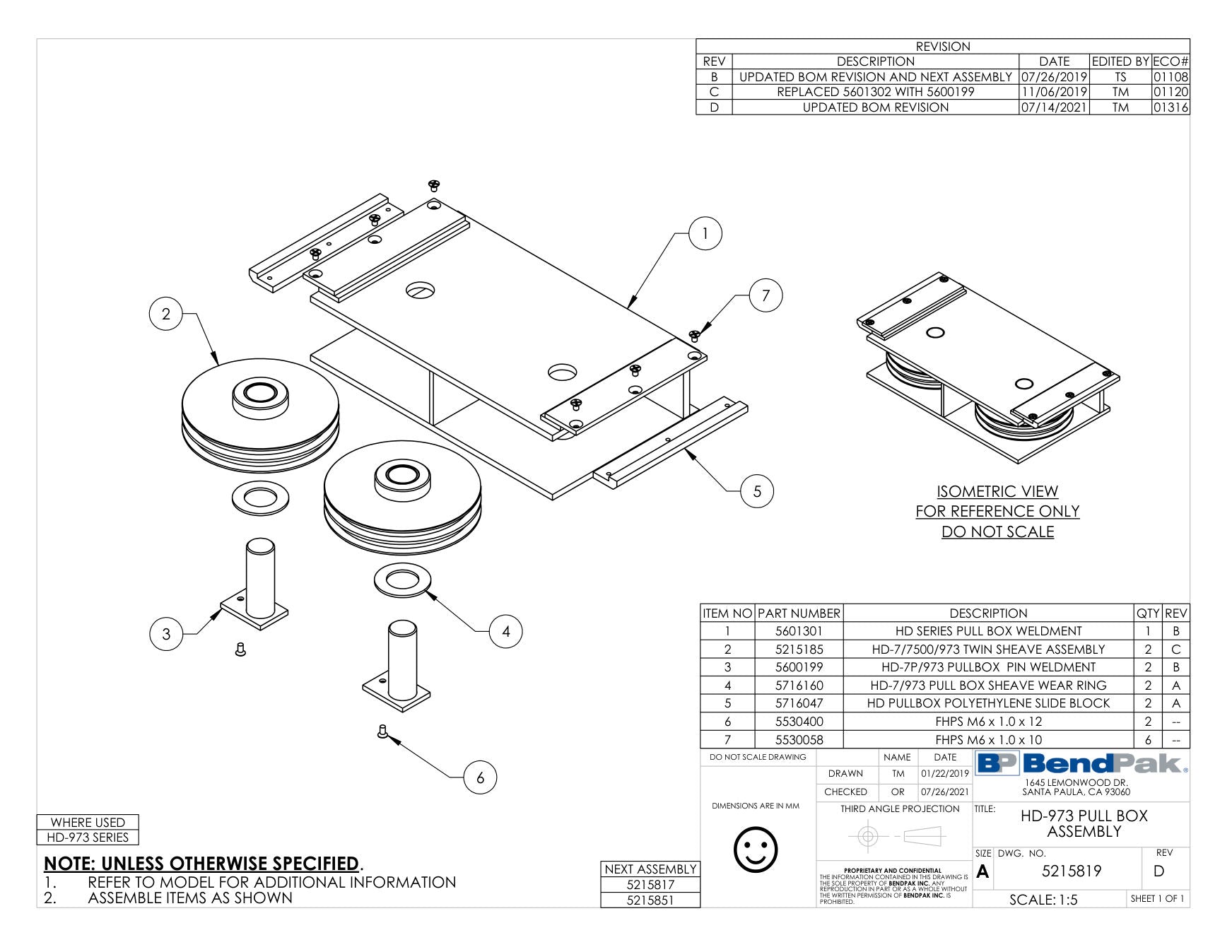BendPak HD-973P parts diagram — HD Series Pullbox Polyethylene Slide Block is item 5 (HD-973 PULL BOX ASSEMBLY)