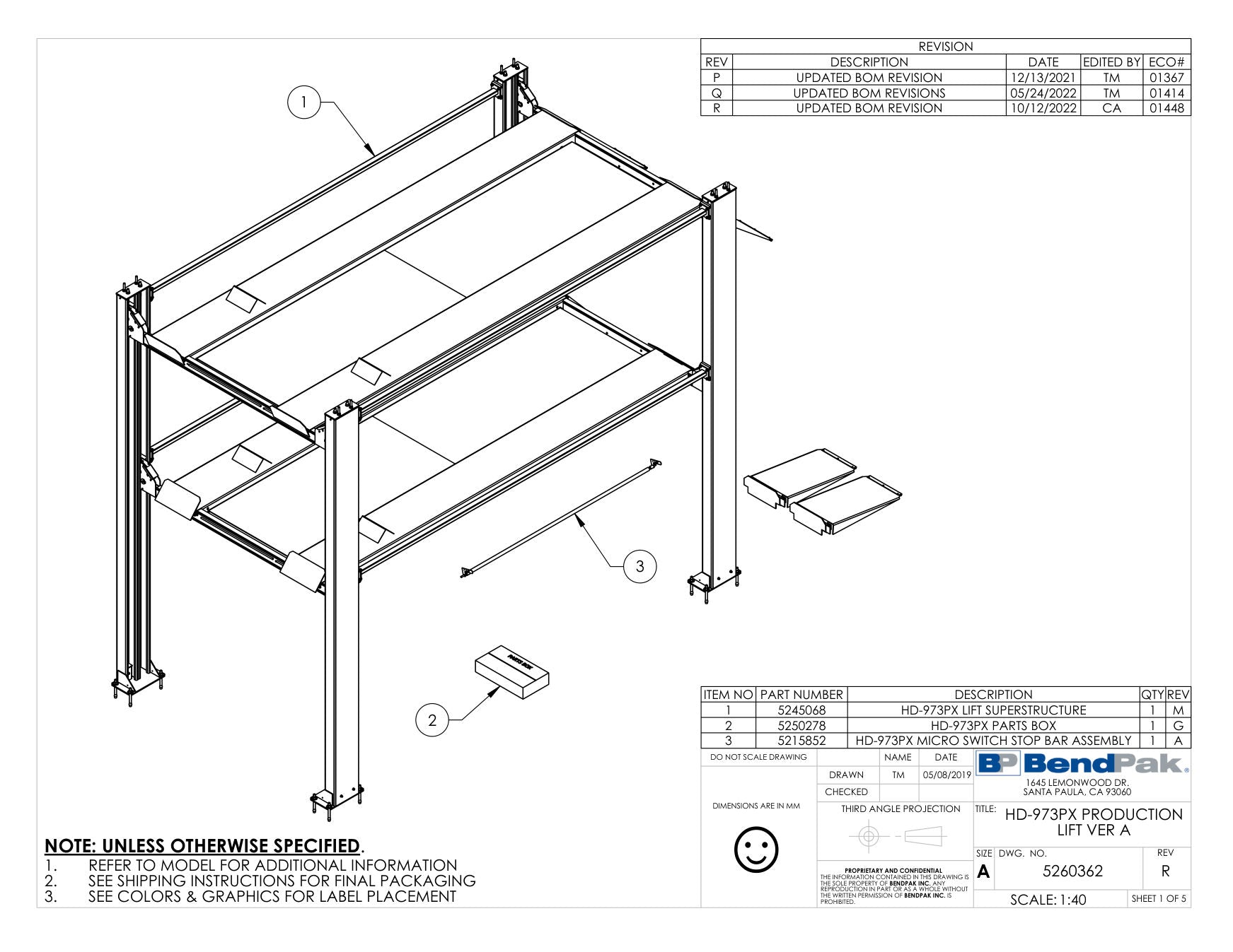 BendPak HD-973PX parts diagram — HD-973PX Micro Switch Stop Bar Assembly is item 3 (HD-973PX PRODUCTION LIFT VER A)
