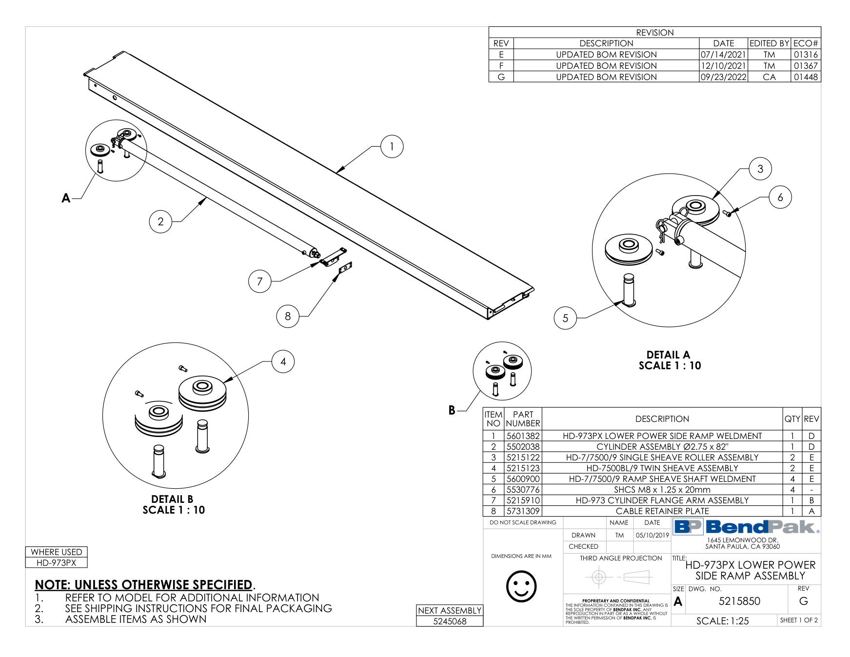 BendPak HD-973PX parts diagram — Cylinder Assembly Ø2.75 X 82" is item 2 (HD-973PX LOWER POWER SIDE RAMP ASSEMBLY)