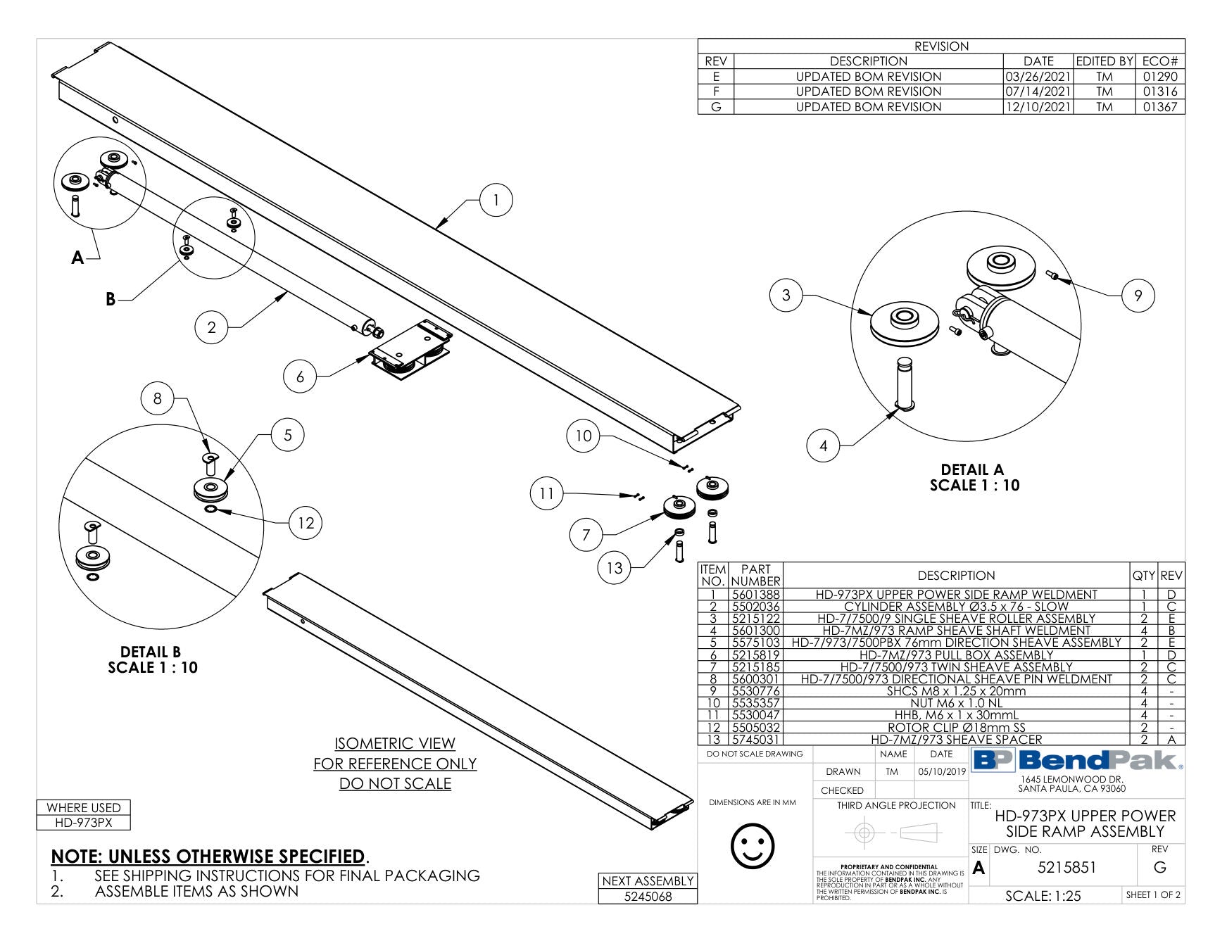 BendPak HD-973PX parts diagram — Cylinder Assembly Ø3.5 X 76 - Slow is item 2 (HD-973PX UPPER POWER SIDE RAMP ASSEMBLY)