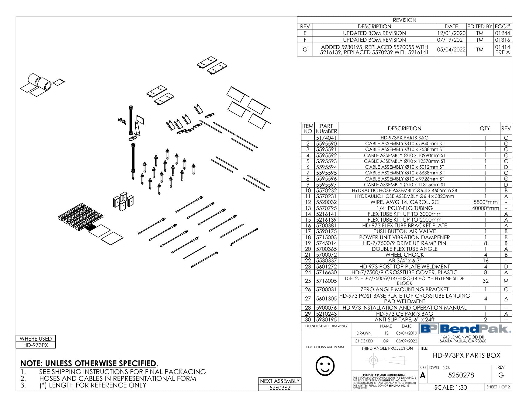 BendPak HD-973PX parts diagram — Cable Assembly Ø10 X 11315MM St is item 9 (HD-973PX PARTS BOX)