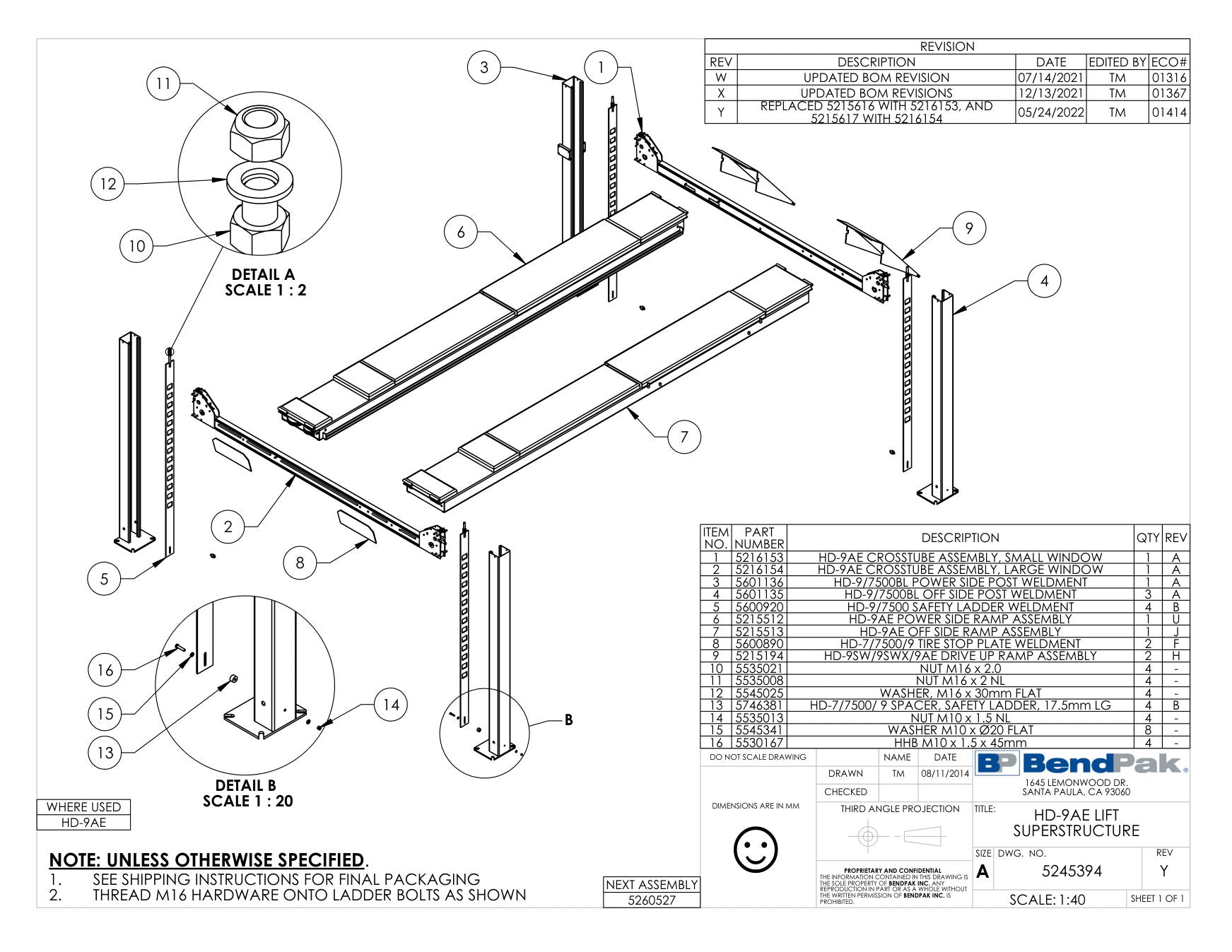 BendPak HD-9AE parts diagram — HD-7500BL/9 Series Off Side Post Weldment is item 4 (HD-9AE LIFT SUPERSTRUCTURE)