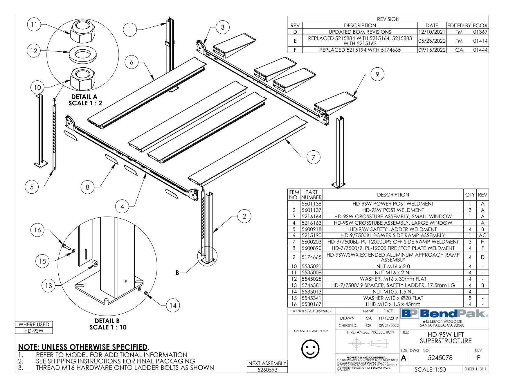 BendPak HD-9SW parts diagram — HD-9SW Post Weldment is item 2 (HD-9SW LIFT SUPERSTRUCTURE)