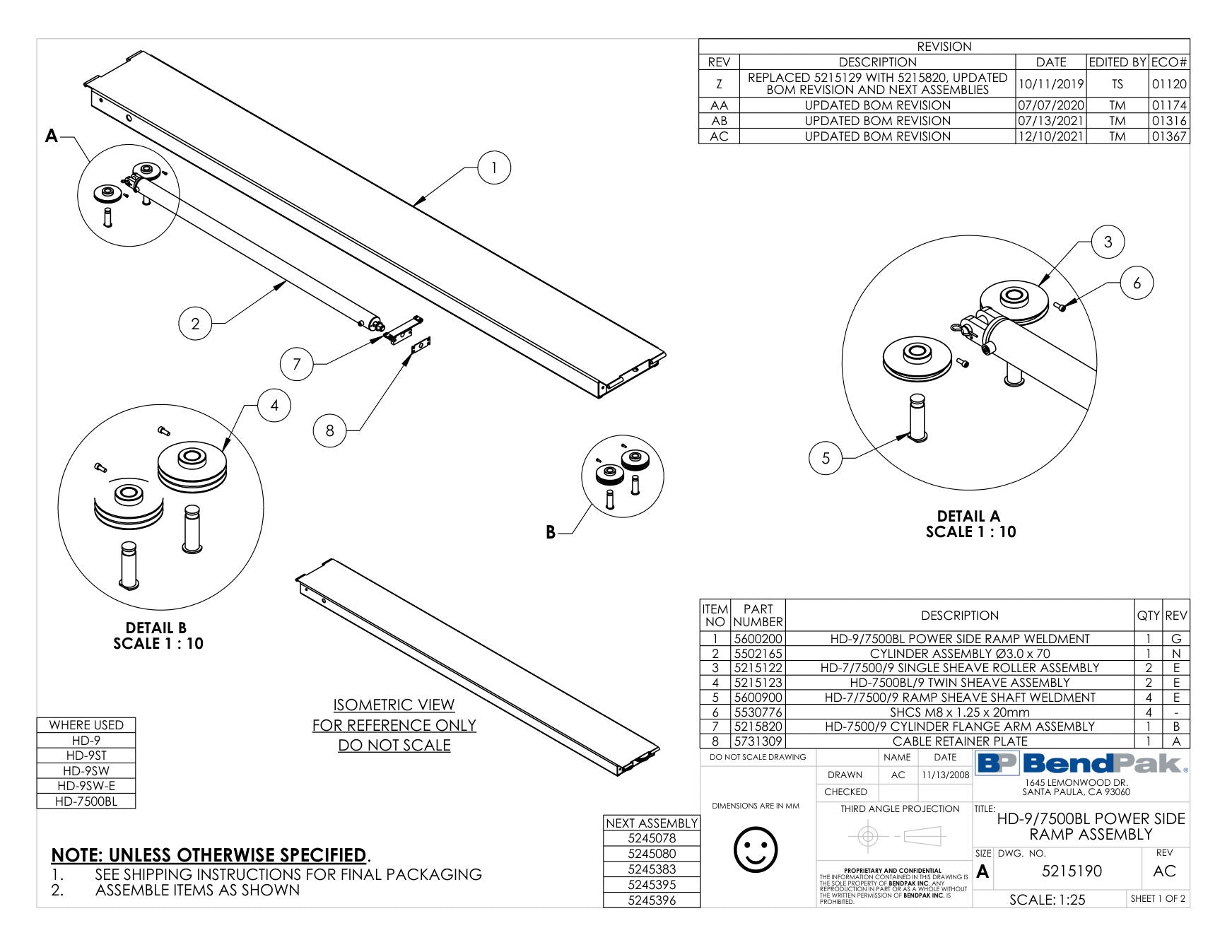 BendPak HD-9SW parts diagram — Shcs M8 X 1.25 X 20 Fully Threaded, Class 8.8 is item 6 (HD-9/7500BL POWER SIDE RAMP ASSEMBLY)