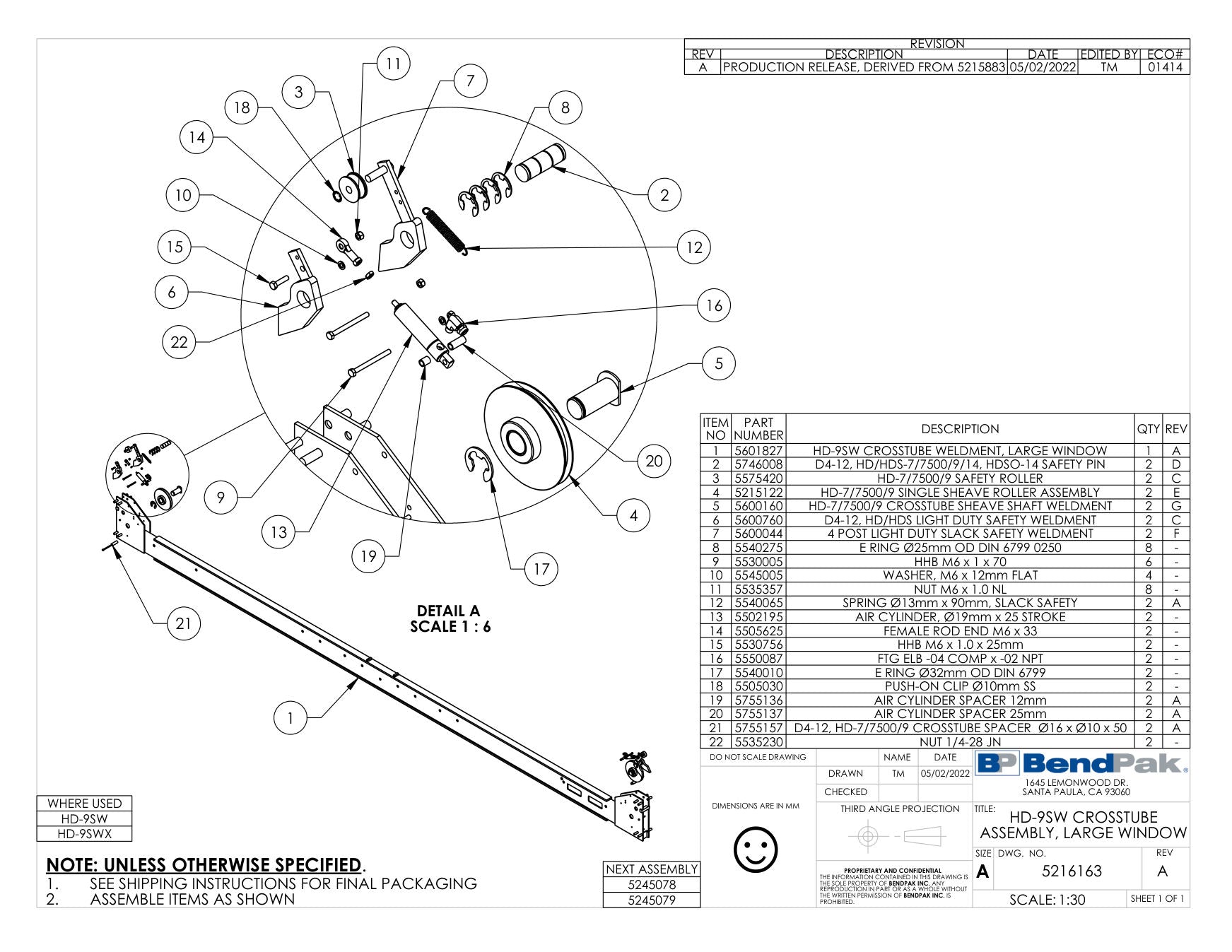 BendPak HD-9SW parts diagram — Nut; 1/4-28 Jn is item 22 (HD-9SW CROSSTUBE ASSEMBLY, LARGE WINDOW)