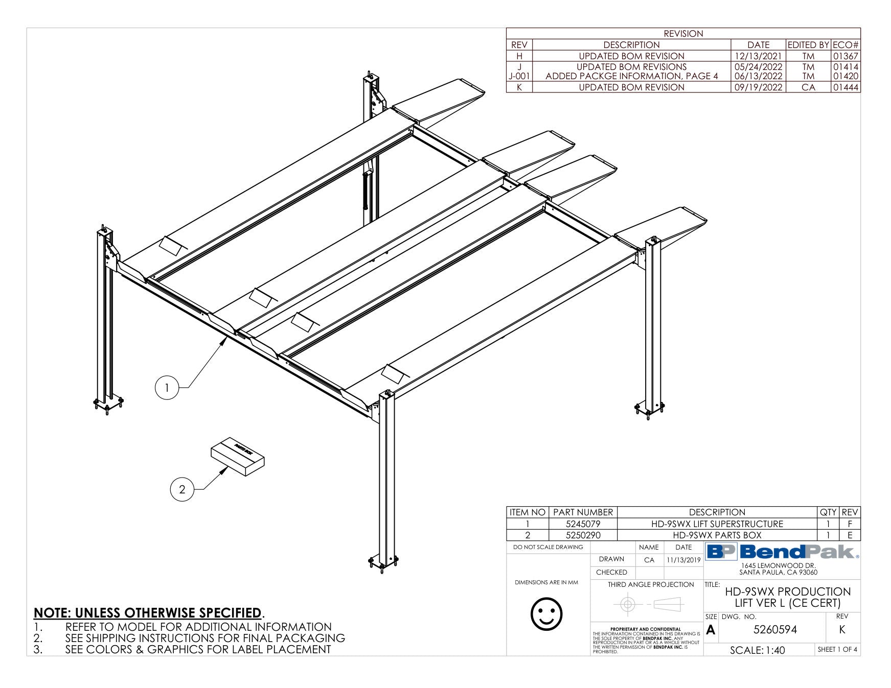 BendPak HD-9SWX-FOUR-POST-LIFT parts diagram — this part is item 2 (HD-9SWX PRODUCTION LIFT VER L (CE CERT))