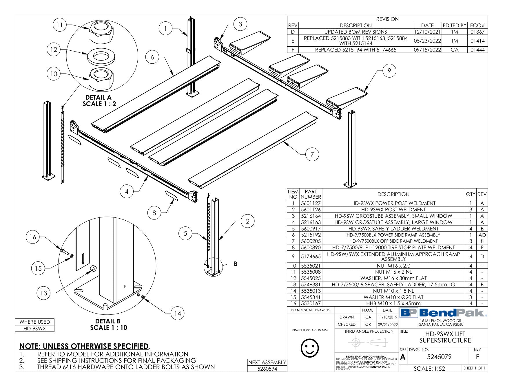 BendPak HD-9SWX parts diagram — HD-9SWX Safety Ladder Weldment is item 5 (HD-9SWX LIFT SUPERSTRUCTURE)