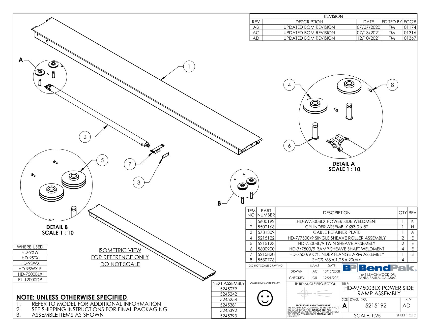 BendPak HD-9SWX parts diagram — HD-7500BLX/9STX/ 9SWX/9XL/9XW Power Side Weldment is item 1 (HD-9/7500BLX POWER SIDE RAMP ASSEMBLY)