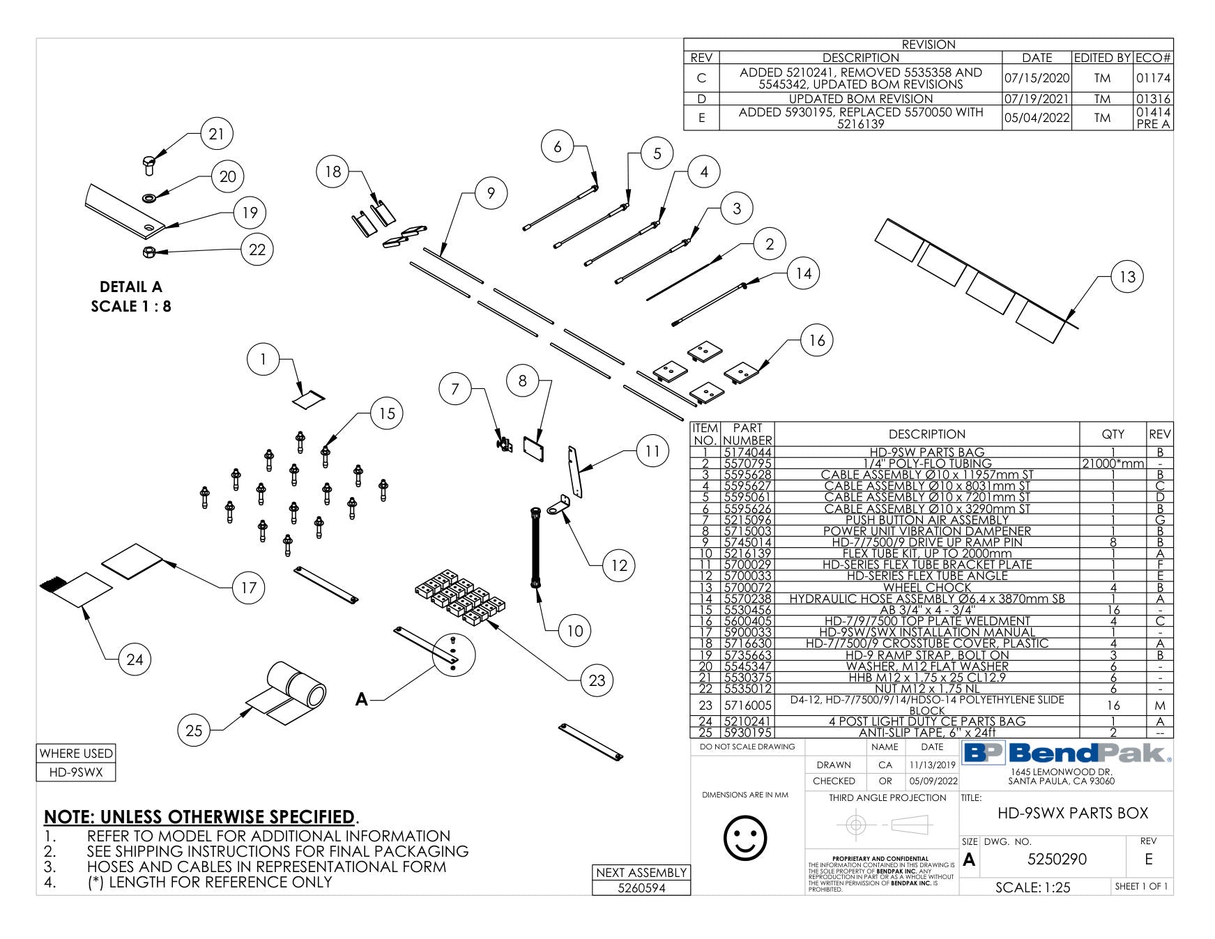 BendPak HD-9SWX parts diagram — Cable Assembly Ø10 X 3290MM St is item 6 (HD-9SWX PARTS BOX)