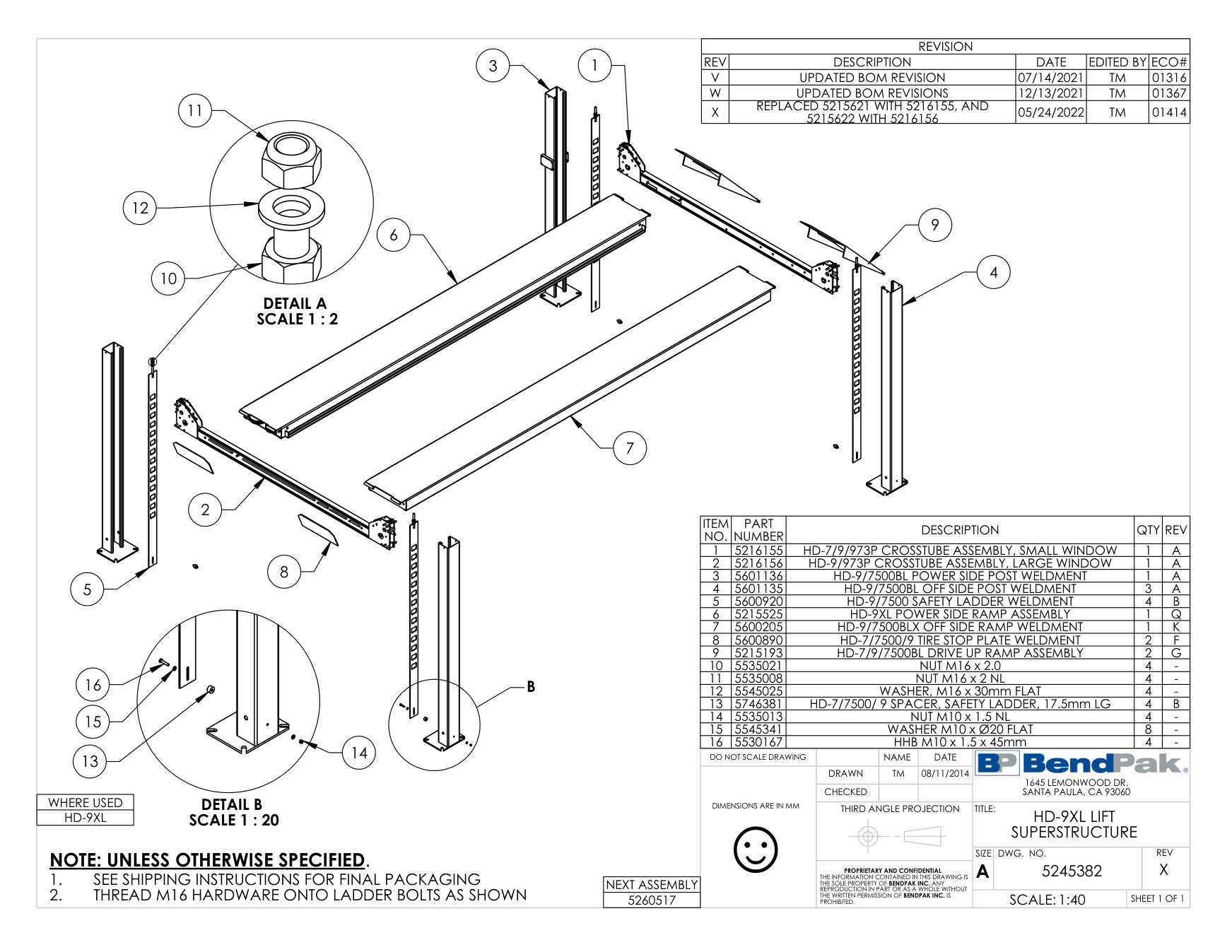 BendPak HD-9XL parts diagram — Powerside Ramp Assy; HD-9XL is item 6 (HD-9XL LIFT SUPERSTRUCTURE)