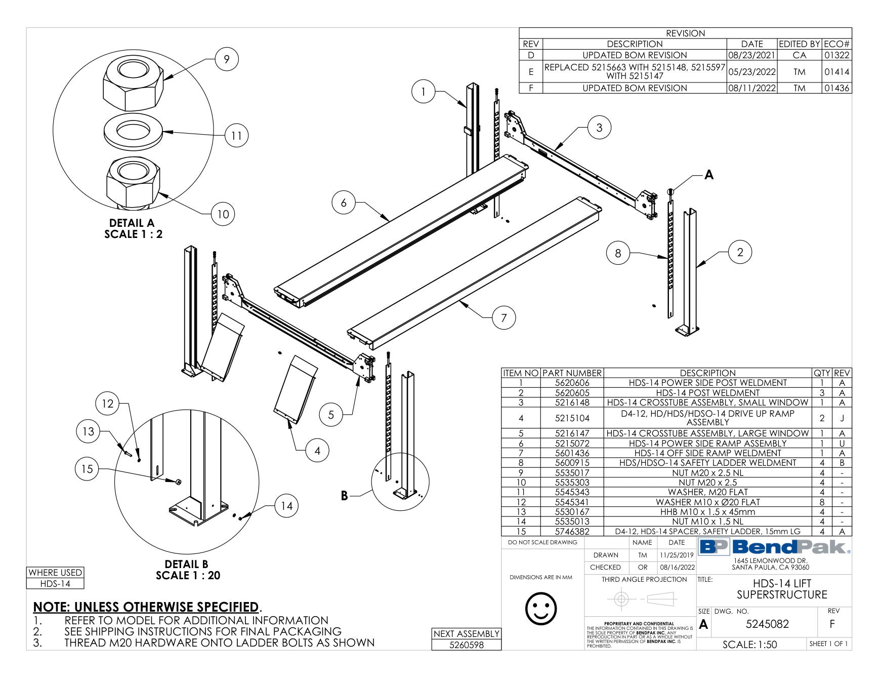 BendPak HDS-14 parts diagram — HDS-14 Crosstube Assembly, Large Window is item 5 (HDS-14 LIFT SUPERSTRUCTURE)