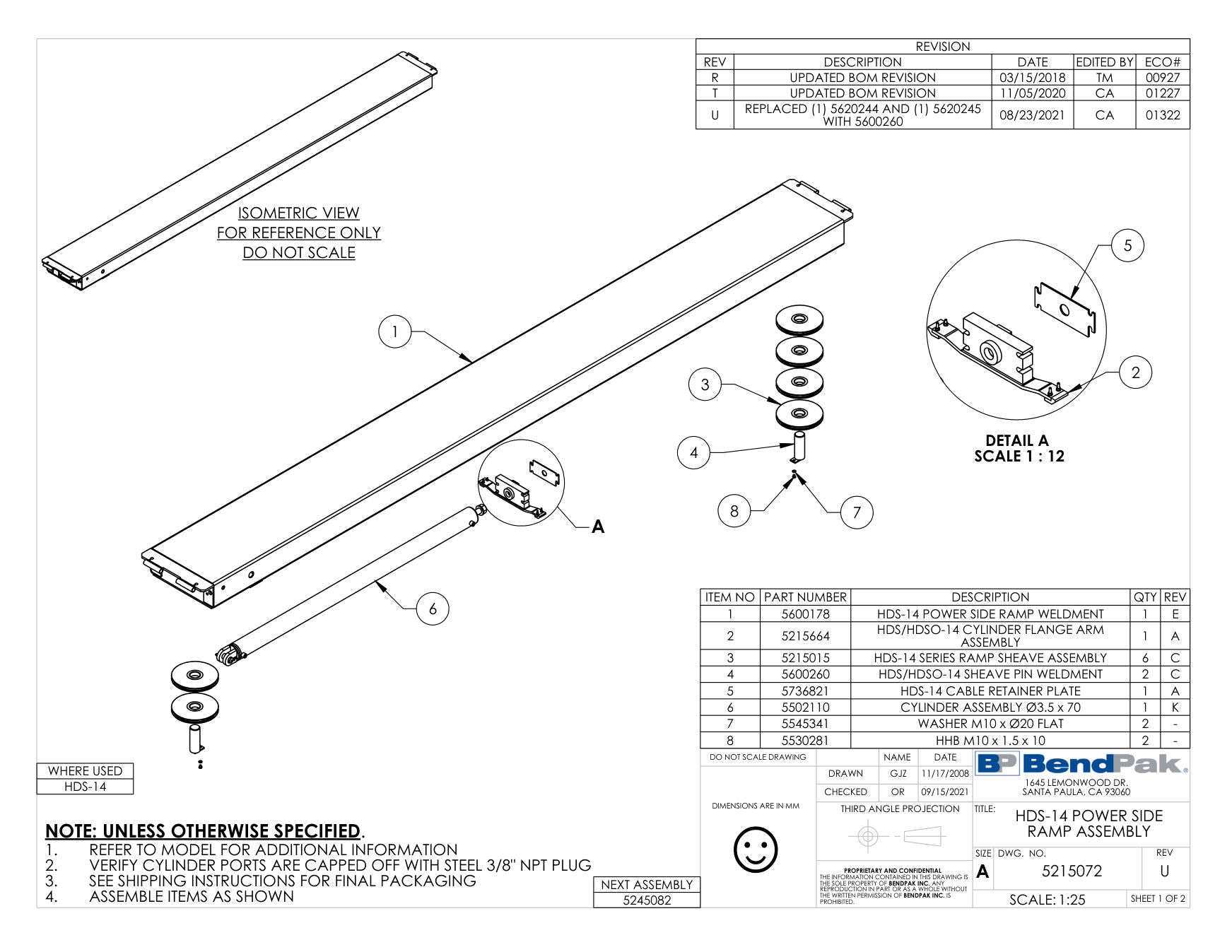 BendPak HDS-14 parts diagram — HDS-14 Power Side Ramp Weldment is item 1 (HDS-14 POWER SIDE RAMP ASSEMBLY)