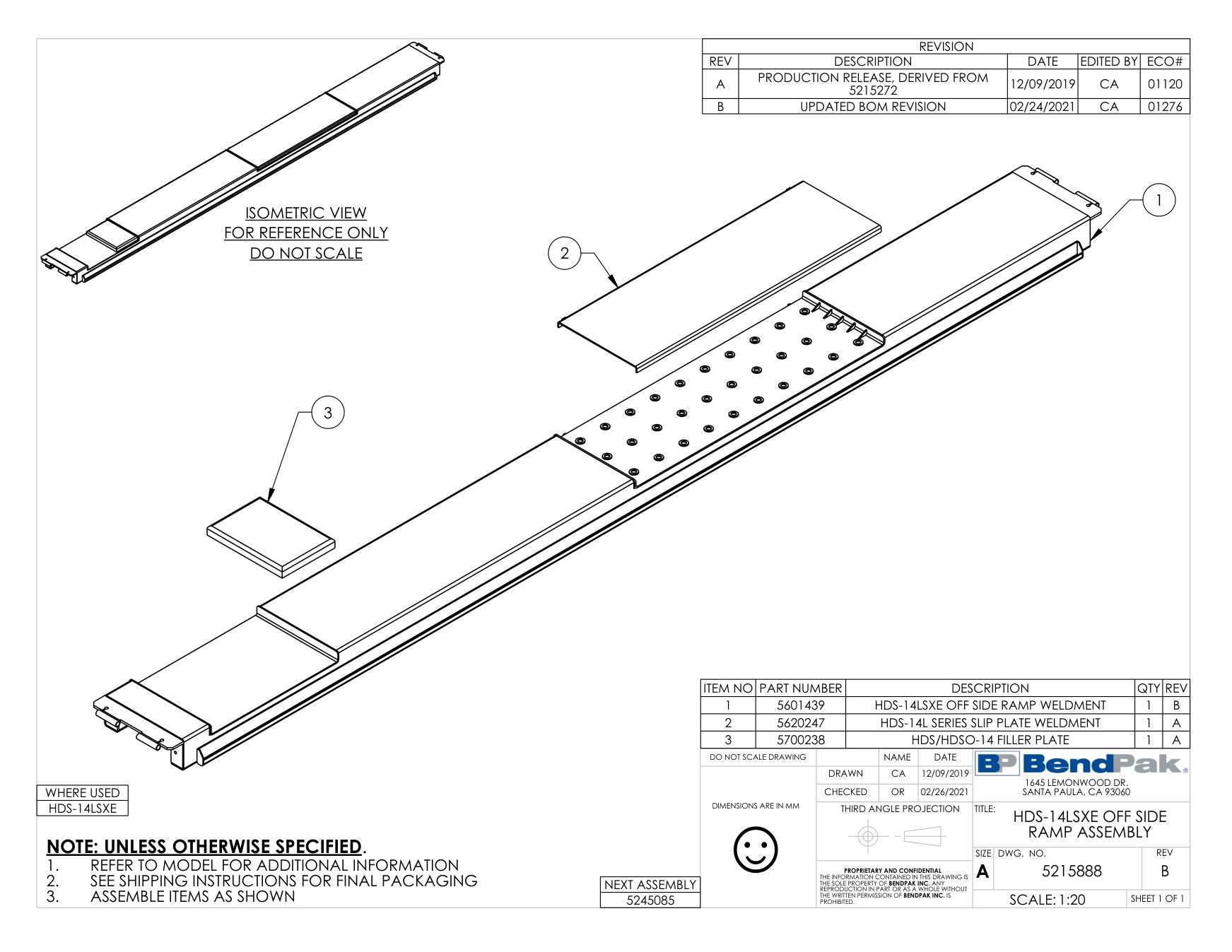 BendPak HDS-14LSXE parts diagram — HDS-14LSXE Off Side Ramp Weldment is item 1 (HDS-14LSXE OFF SIDE RAMP ASSEMBLY)