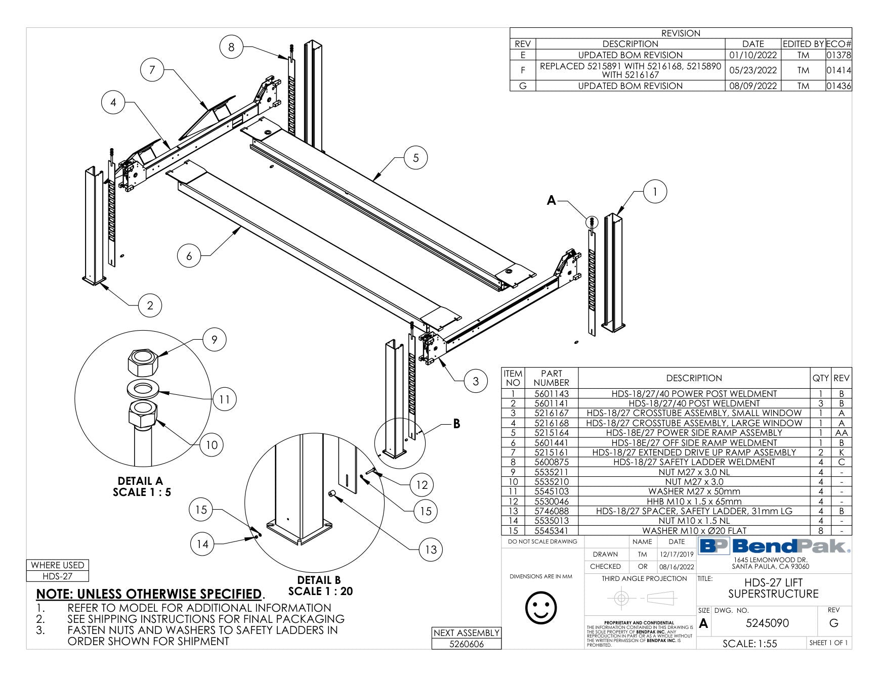 BendPak HDS-27 parts diagram — Off Side Ramp Weldment; HDS-18E/27 is item 6 (HDS-27 LIFT SUPERSTRUCTURE)