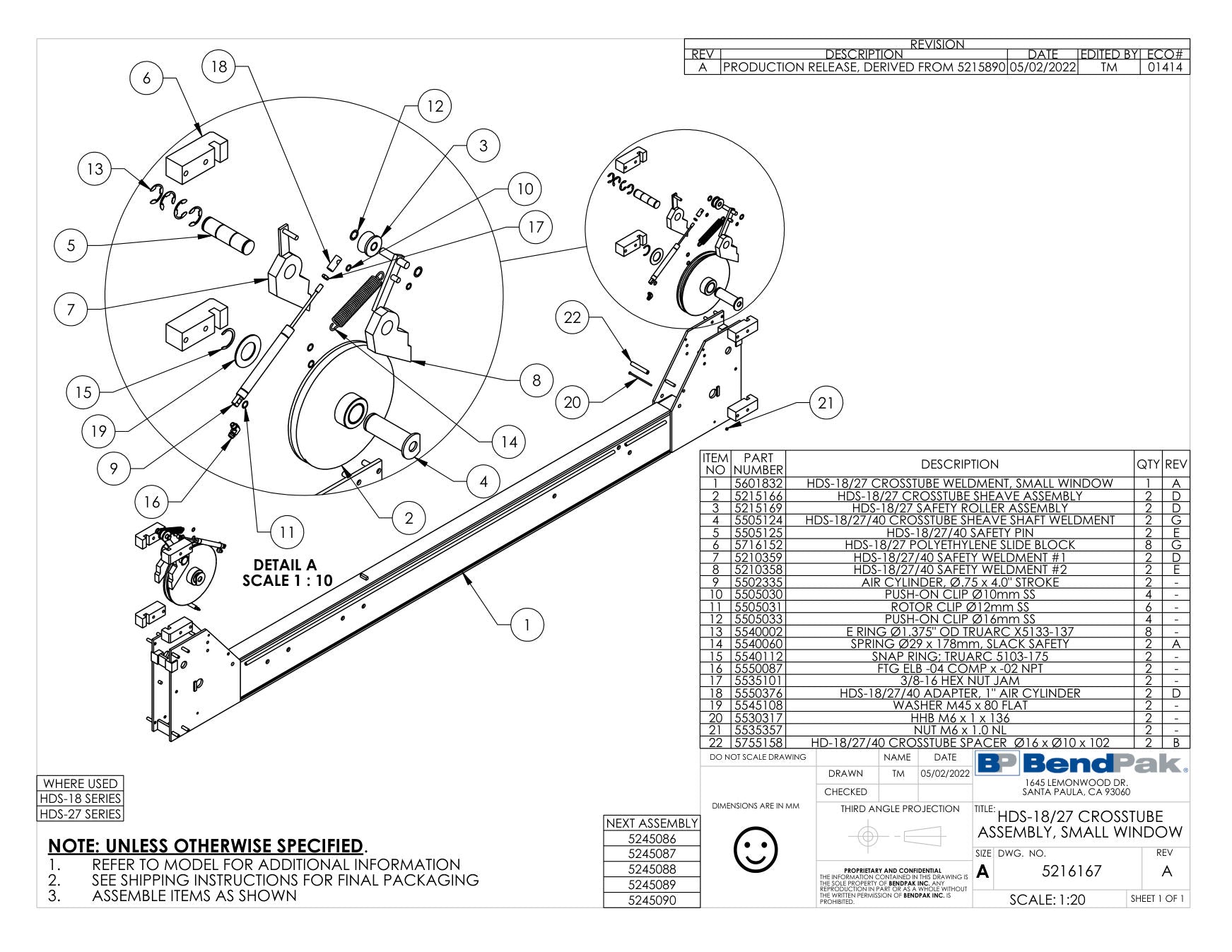 BendPak HDS-27 parts diagram — Crosstube End Plate Spacer, Ø16 X Ø10 X 102M is item 22 (HDS-18/27 CROSSTUBE ASSEMBLY, SMALL WINDOW)