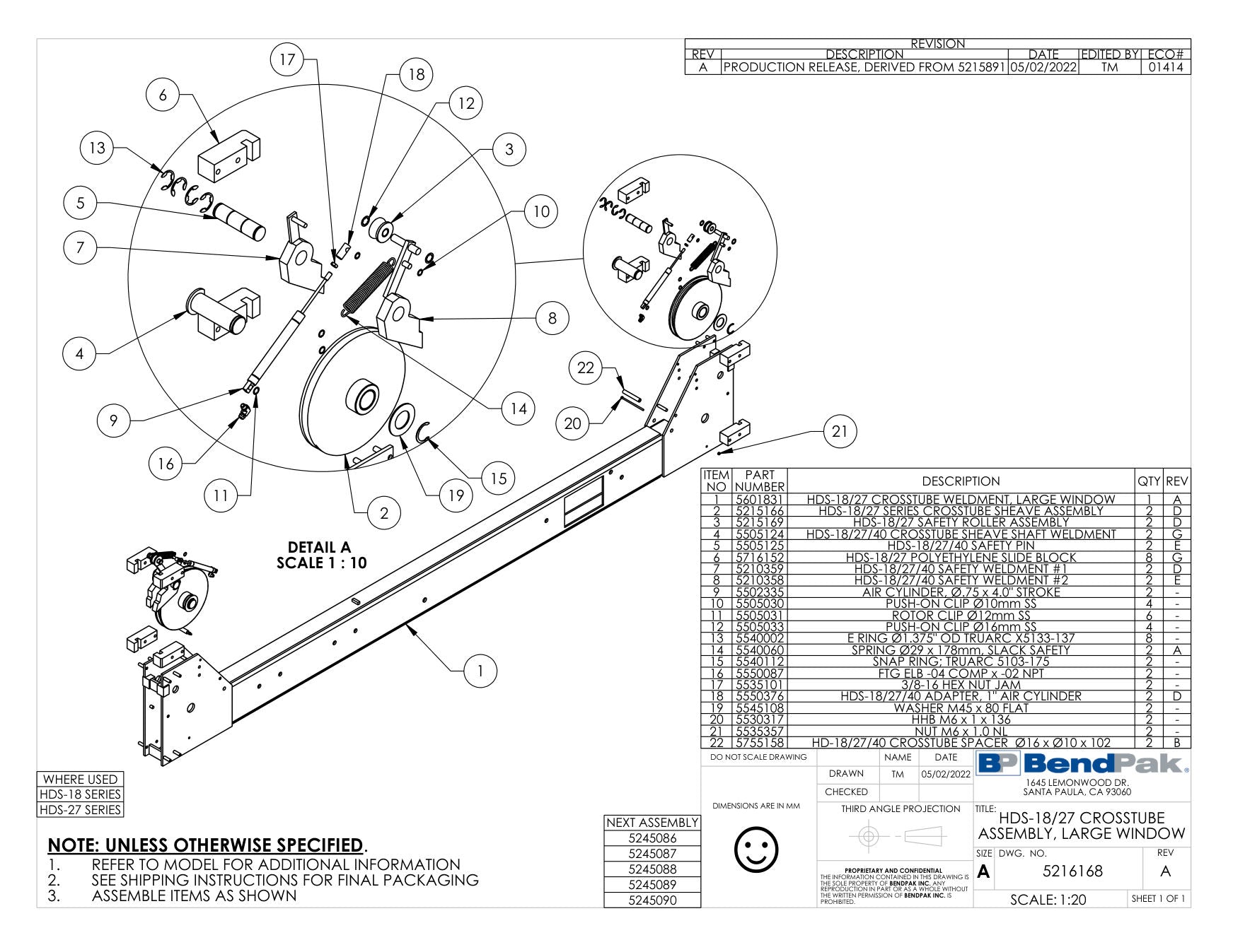 BendPak HDS-27 parts diagram — HDS-18/27 Crosstube Weldment, Large Window is item 1 (HDS-18/27 CROSSTUBE ASSEMBLY, LARGE WINDOW)