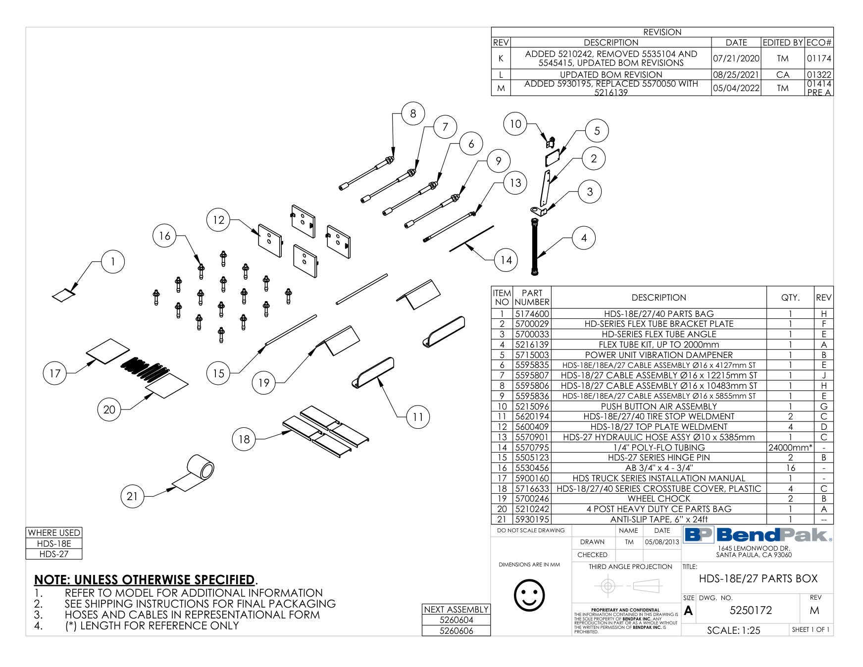 BendPak HDS-27 parts diagram — HDS Truck Wheel Chock is item 19 (HDS-18E/27 PARTS BOX)