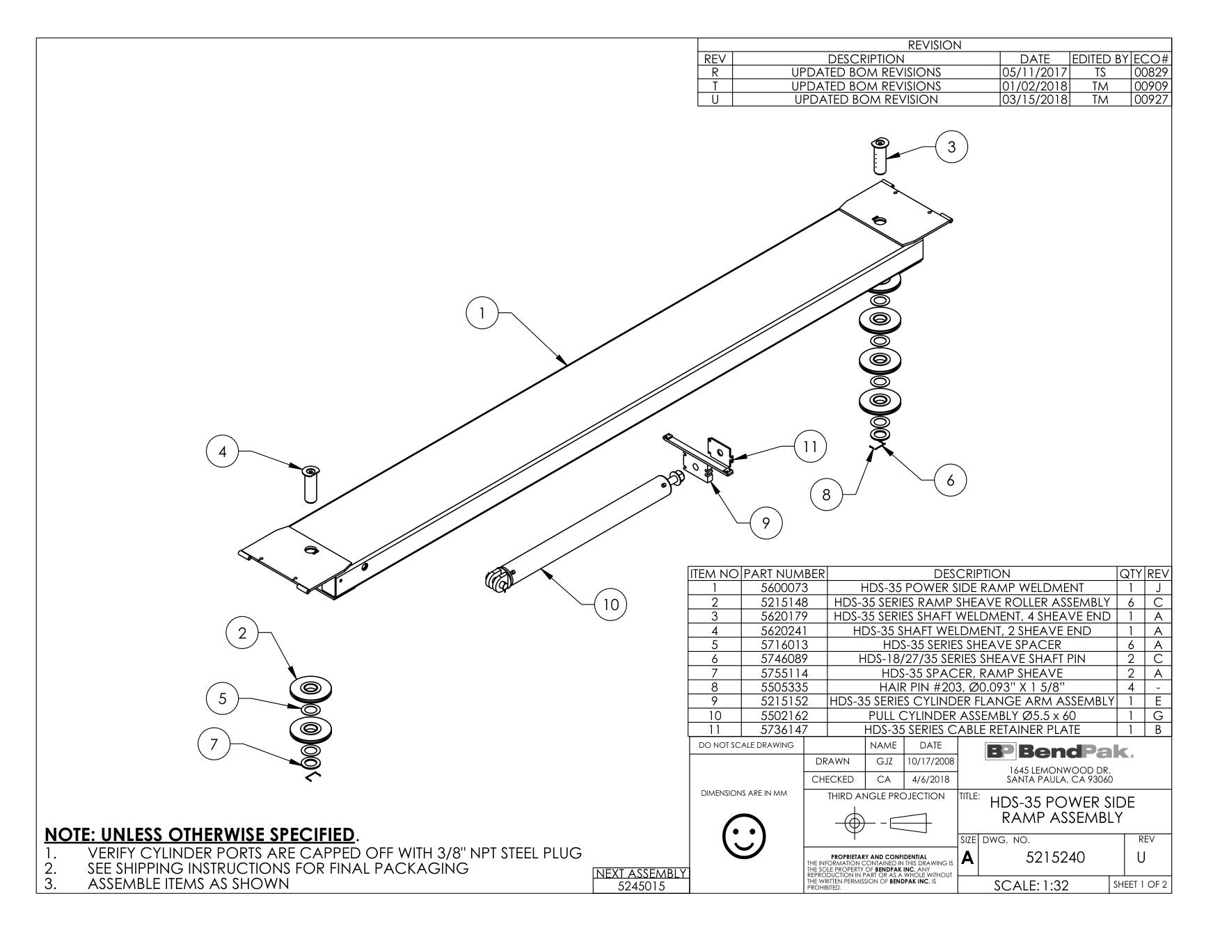BendPak HDS-35 parts diagram — HDS-40 Sheave Pin Weldment is item 4 (HDS-35 POWER SIDE RAMP ASSEMBLY)