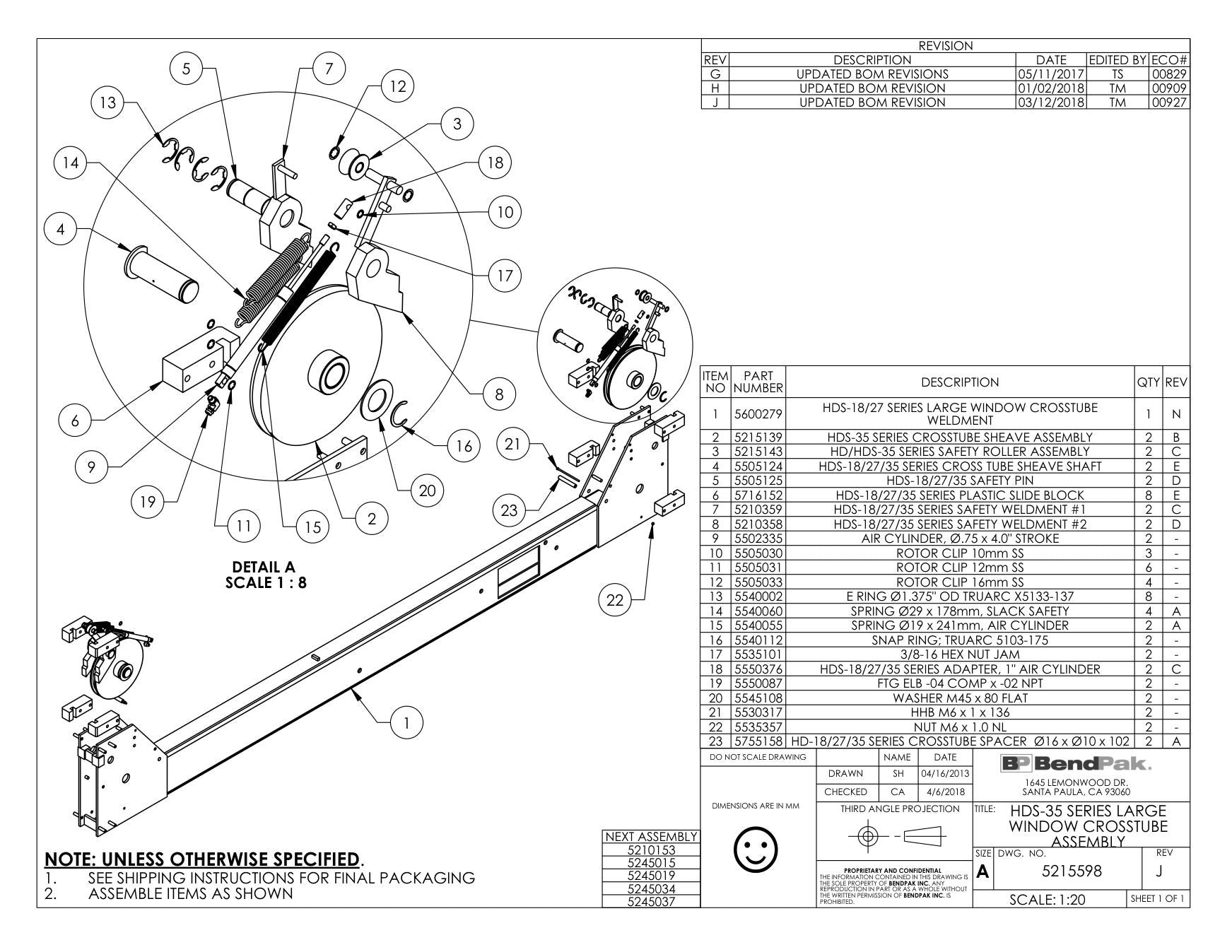 BendPak HDS-35 parts diagram — HDS-40 Series Safety Roller Assembly is item 3 (HDS-35 SERIES LARGE WINDOW CROSSTUBE ASSEMBLY)