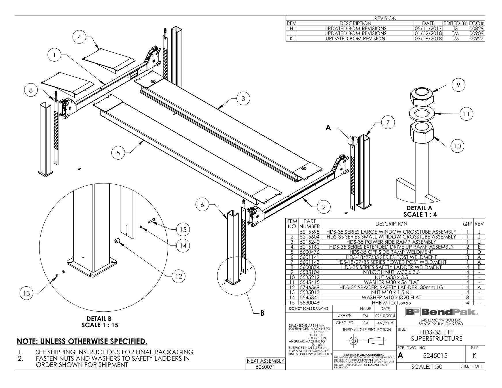 BendPak HDS-35 parts diagram — HDS-40 Series Spacer, Safety Ladder, 30MM Lg is item 12 (HDS-35 LIFT SUPERSTRUCTURE)