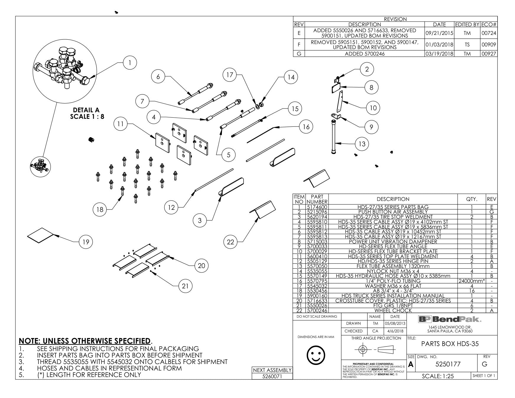 BendPak HDS-35 parts diagram — Cable Assy Ø19 X 10452MM St; HDS-35 is item 6 (PARTS BOX HDS-35)