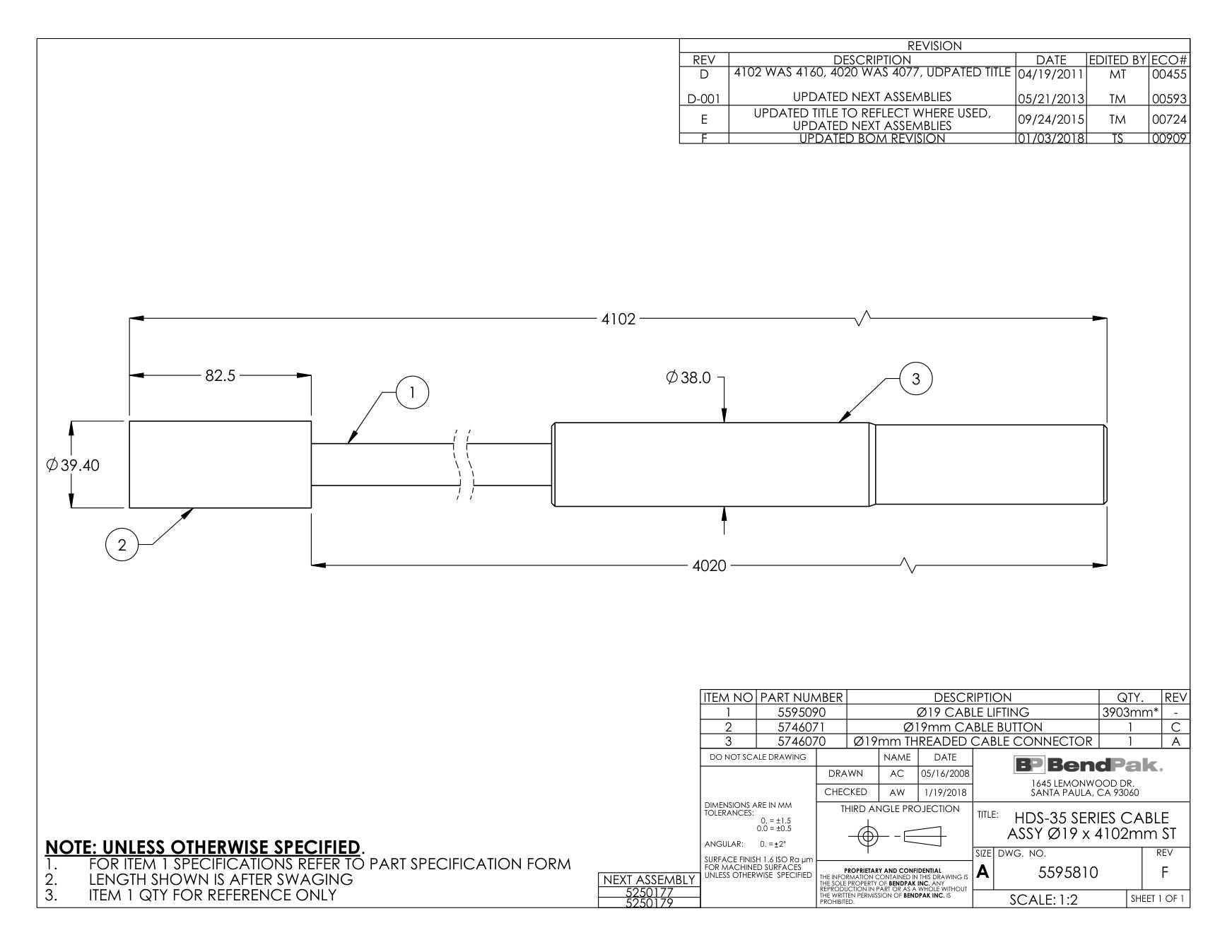 BendPak HDS-35 parts diagram — 19 Cable End Connector (36MM) is item 2 (HDS-35 SERIES CABLE ASSY Ø19 x 4102mm ST)
