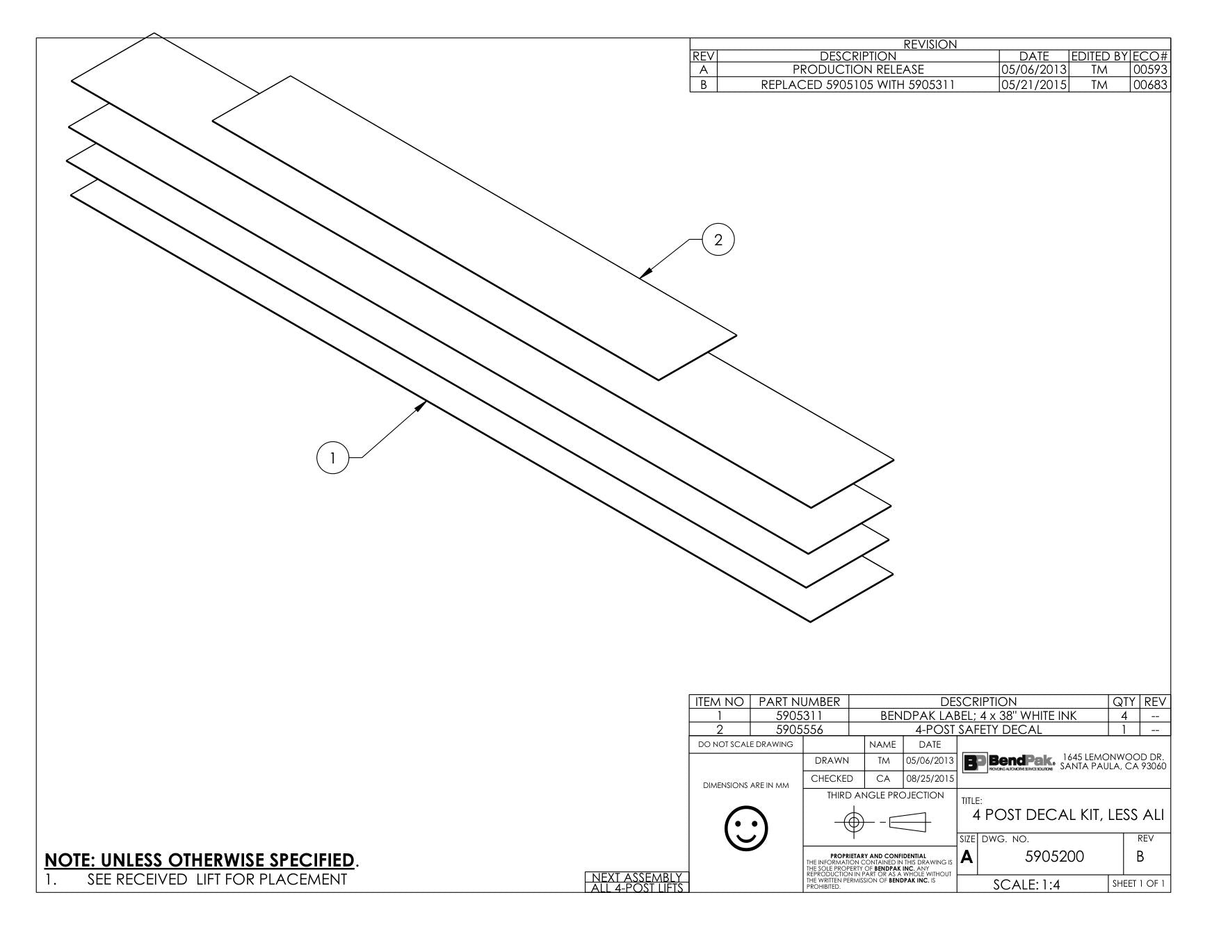 BendPak HDS-35 parts diagram — this part is item 2 (4 POST DECAL KIT, LESS ALI)
