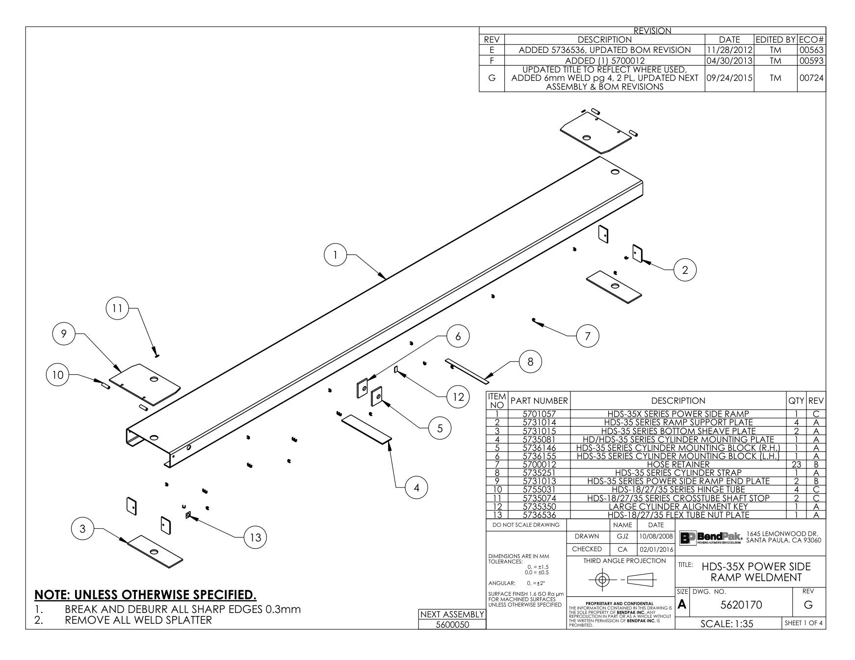 BendPak HDS-35X parts diagram — HDS-40 Series Cylinder Strap is item 8 (HDS-35X POWER SIDE RAMP WELDMENT)
