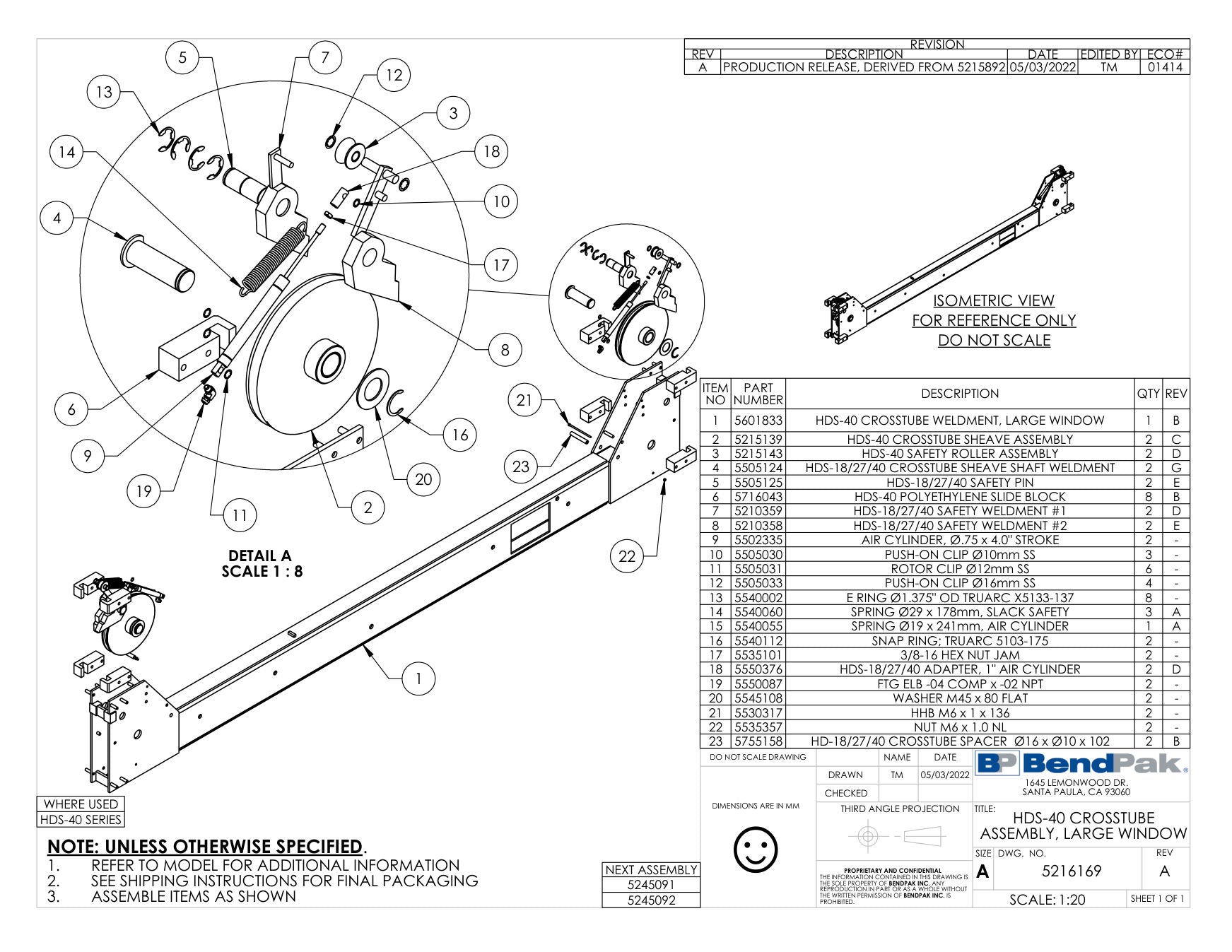 BendPak HDS-40 parts diagram — HDS-40 Crosstube Weldment, Large Window is item 1 (HDS-40 CROSSTUBE ASSEMBLY, LARGE WINDOW)