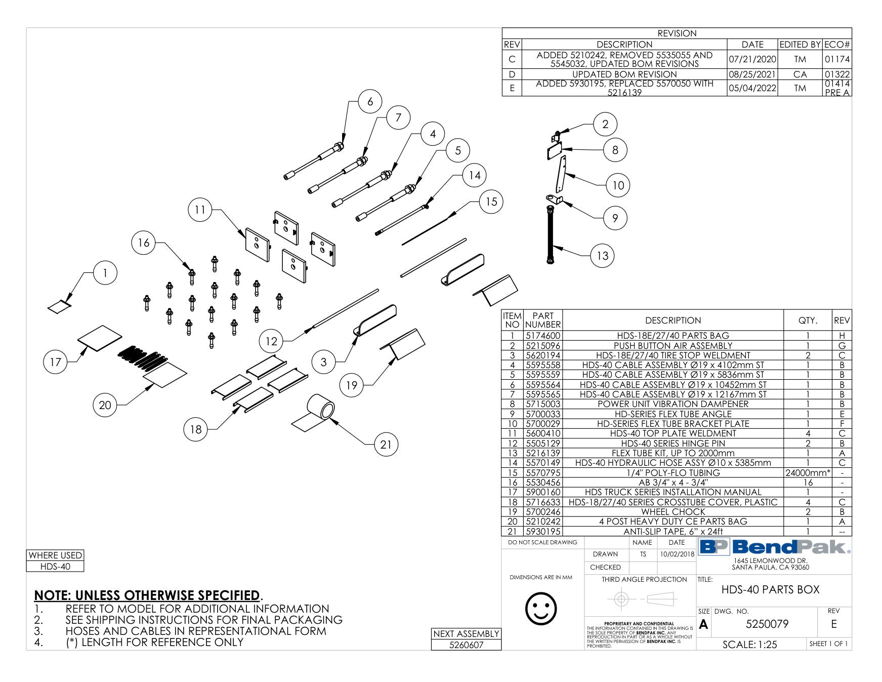 BendPak HDS-40 parts diagram — HDS-40 Cable Assy Ø19 X 10452MM St is item 6 (HDS-40 PARTS BOX)