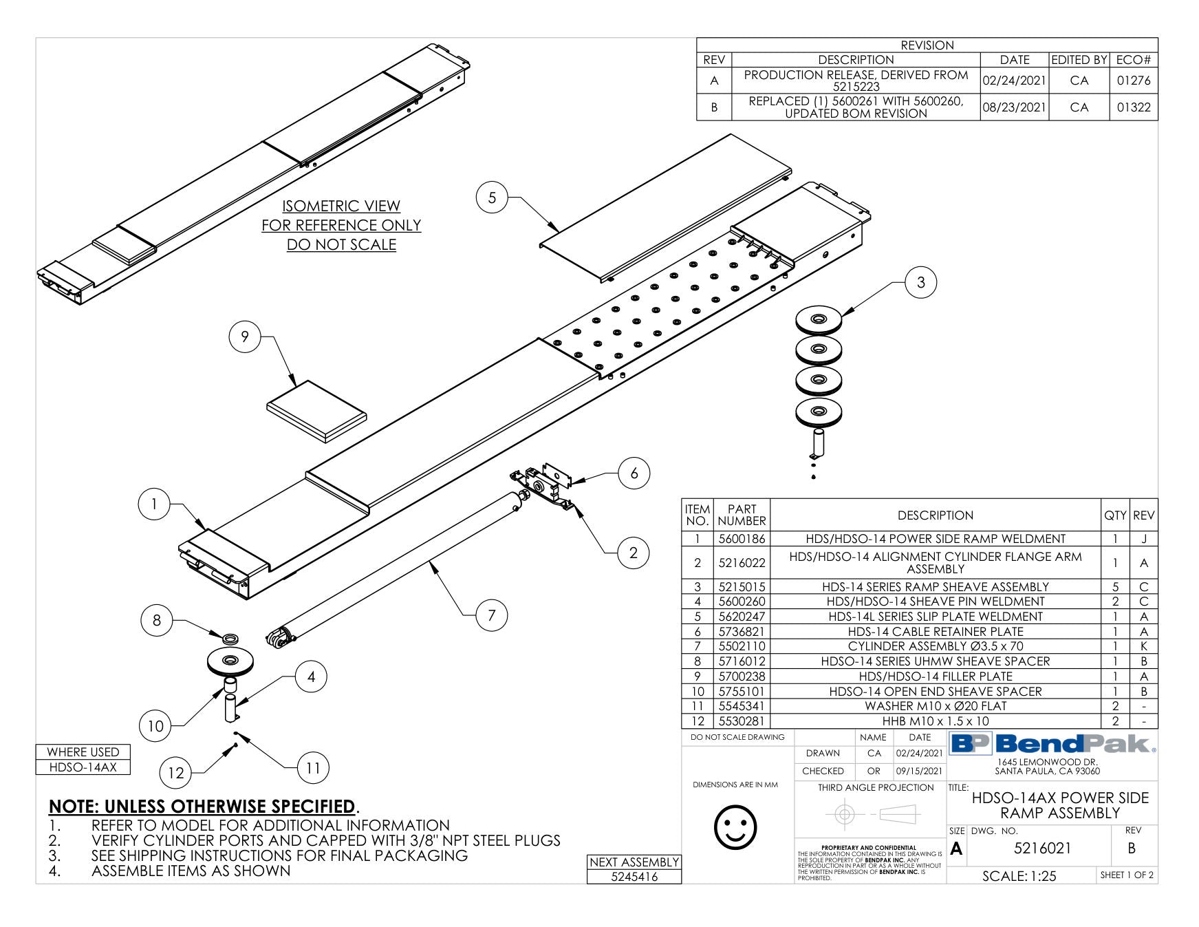 BendPak HDSO14AX parts diagram — HDS/HDSO-14 Alignment Cylinder Flange Arm Assembly is item 2 (HDSO-14AX POWER SIDE RAMP ASSEMBLY)