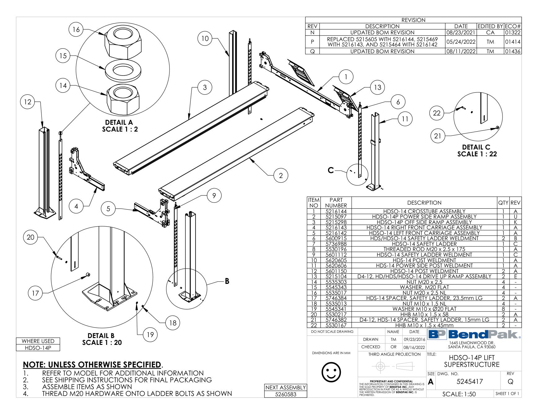 BendPak HDSO14P parts diagram — HDSO-14 Series Safety Ladder Weldment is item 9 (HDSO-14P LIFT SUPERSTRUCTURE)