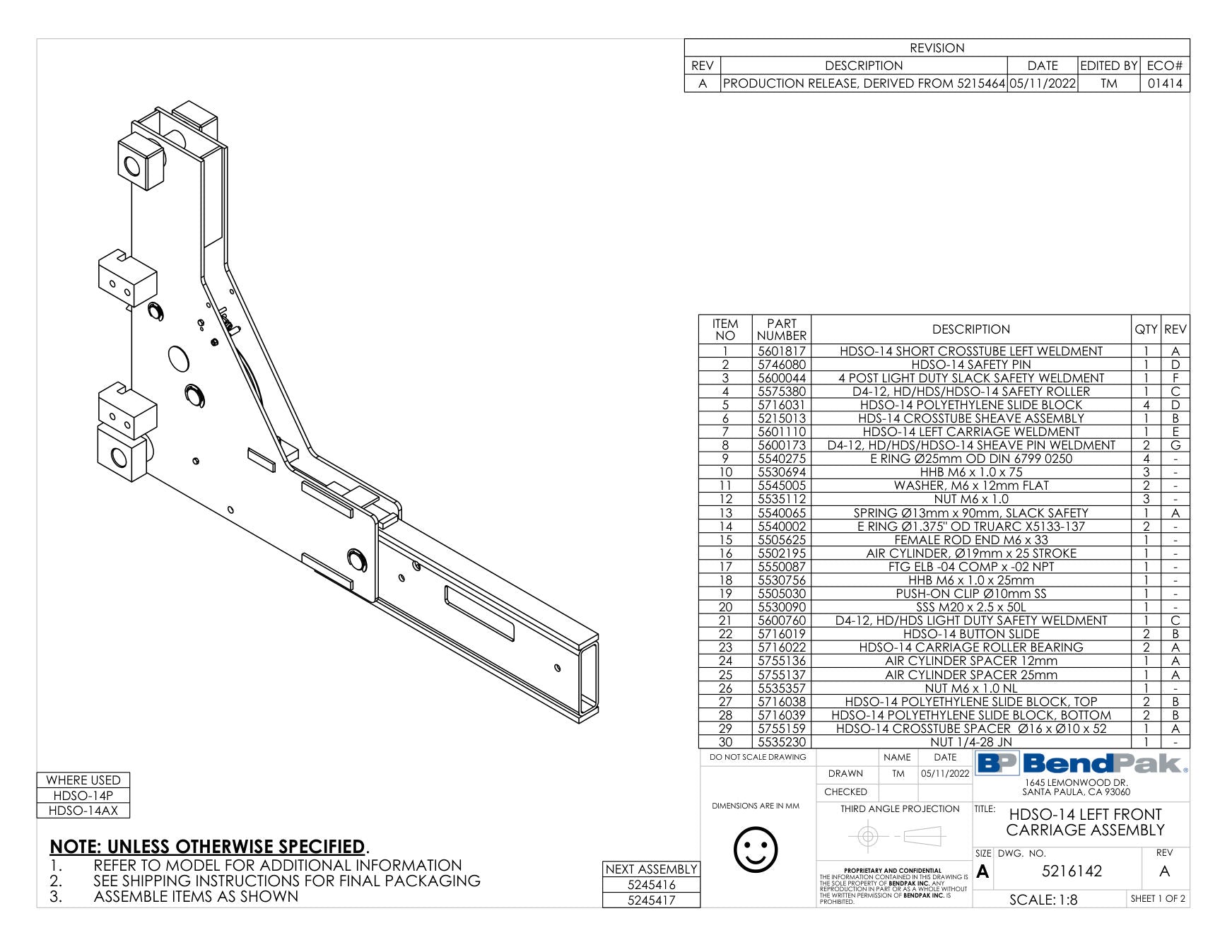 BendPak HDSO14P parts diagram — HDSO-14 Polyethylene Slide Block, Bottom is item 28 (HDSO-14 LEFT FRONT CARRIAGE ASSEMBLY)