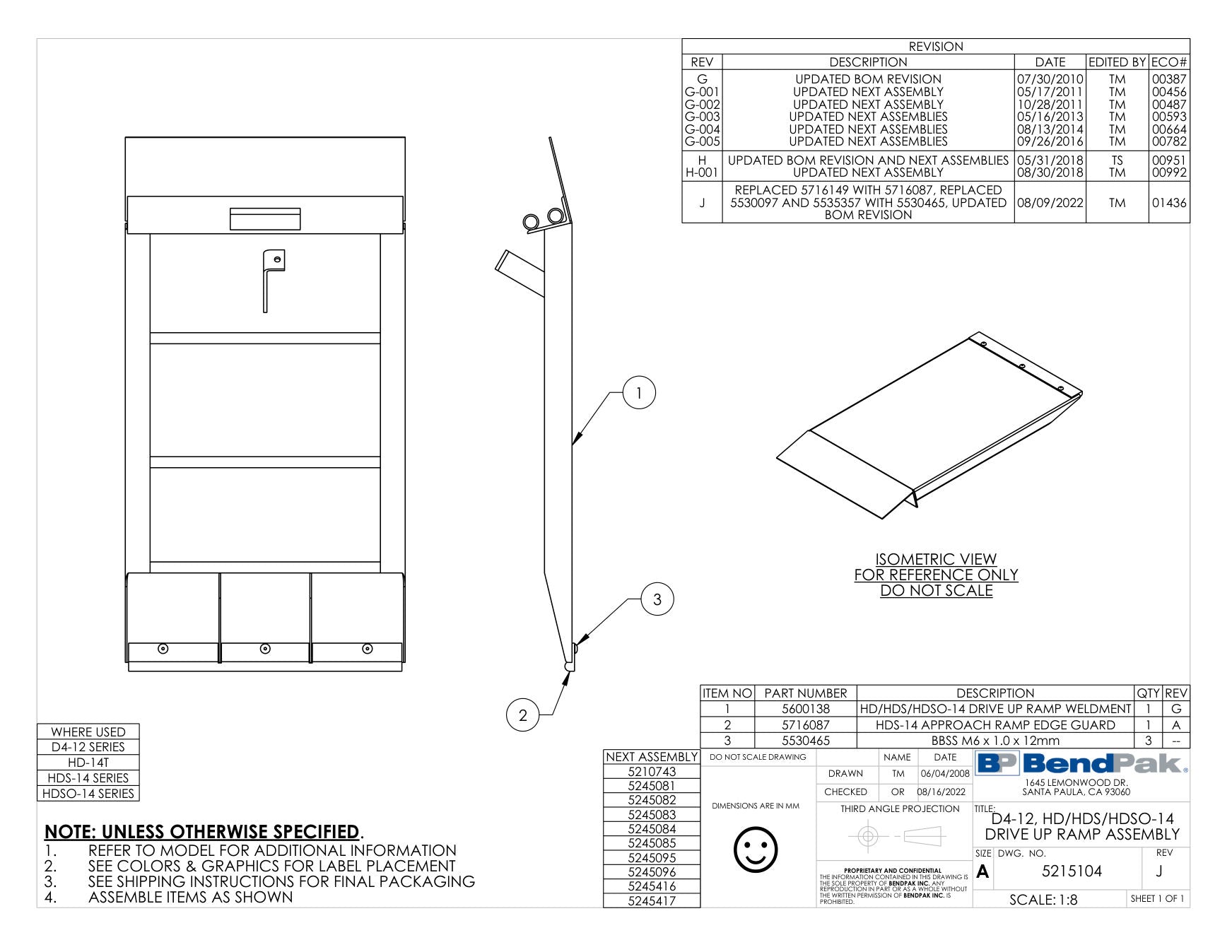 BendPak HDSO14P parts diagram — HDS-14 Approach Ramp Edge Guard is item 2 (D4-12, HD/HDS/HDSO-14 DRIVE UP RAMP ASSEMBLY)