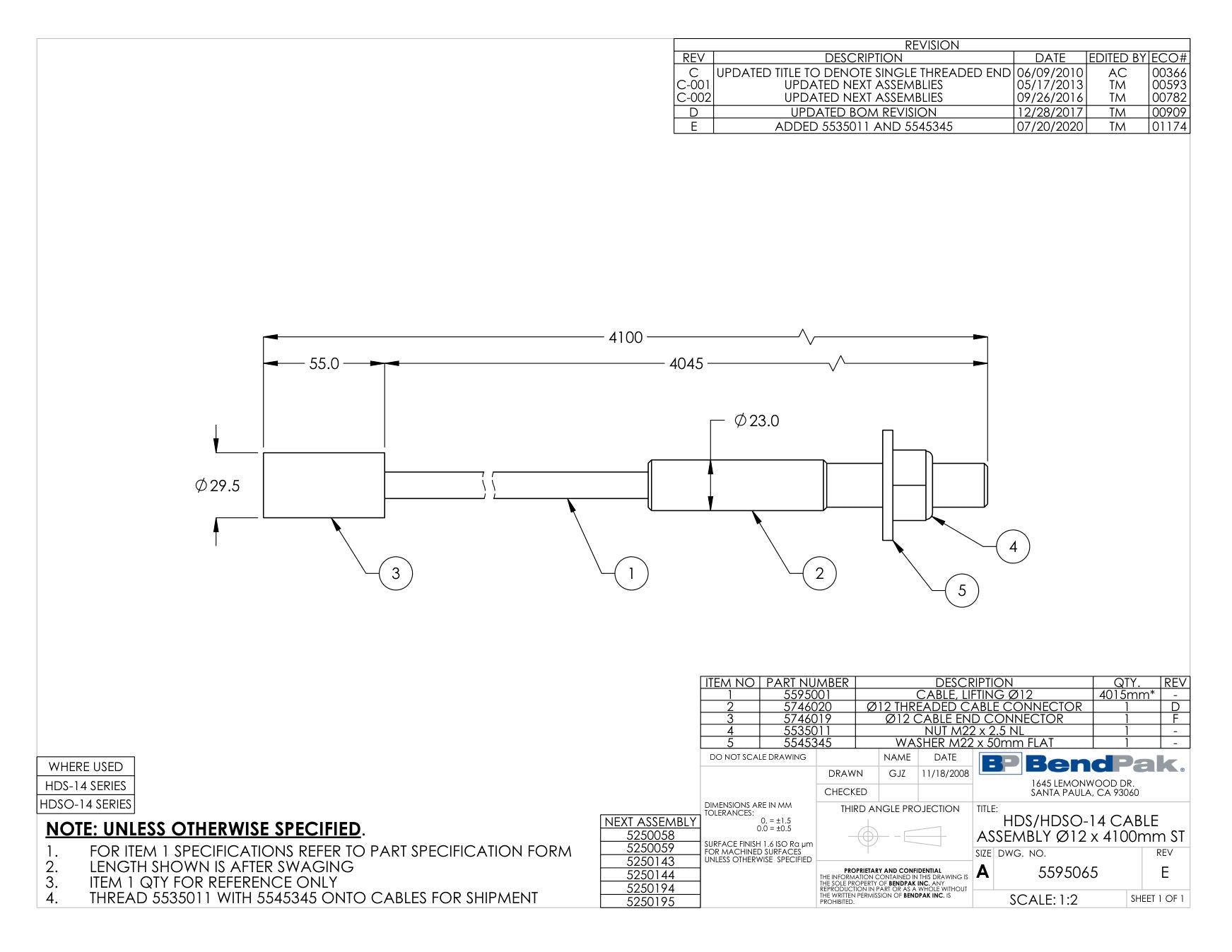 BendPak HDSO14P parts diagram — Ø12 Threaded Cable Connector (22MM) is item 2 (HDS/HDSO-14 CABLE ASSEMBLY Ø12 x 4100mm ST)