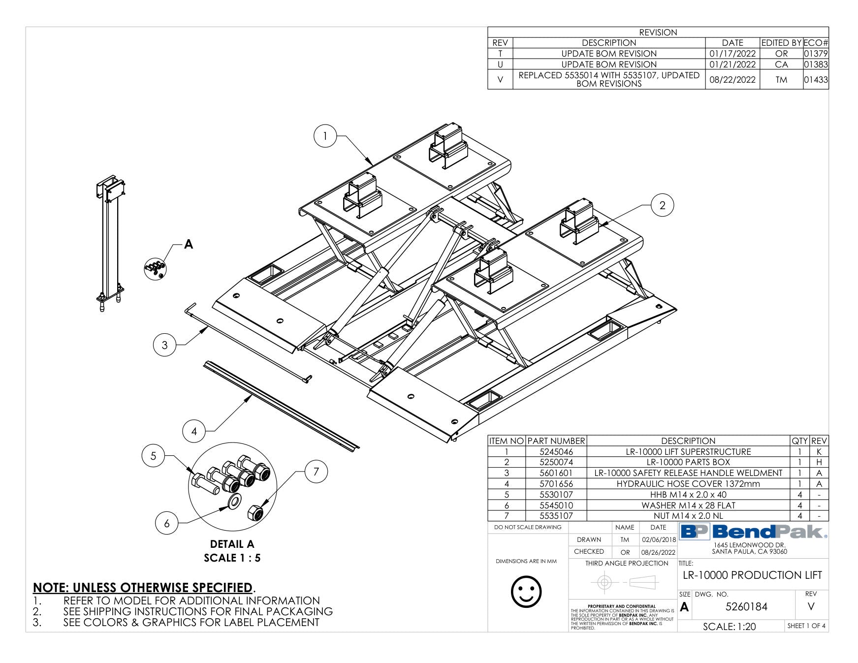 BendPak LR-10000 parts diagram — LR-10000 Safety Handle Weldment is item 3 (LR-10000 PRODUCTION LIFT)
