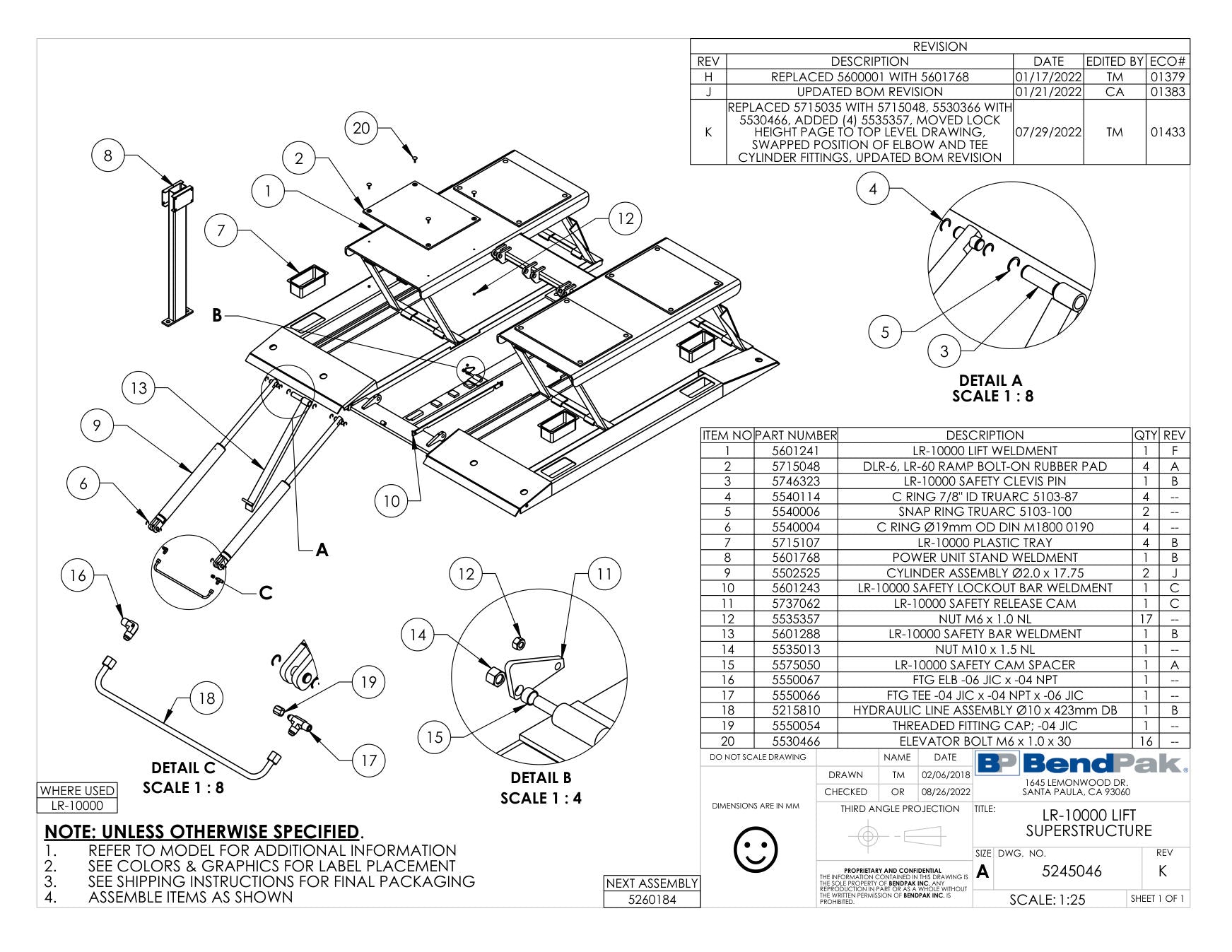 BendPak LR-10000 parts diagram — LR-10000 Safety Clevis Pin is item 3 (LR-10000 LIFT SUPERSTRUCTURE)