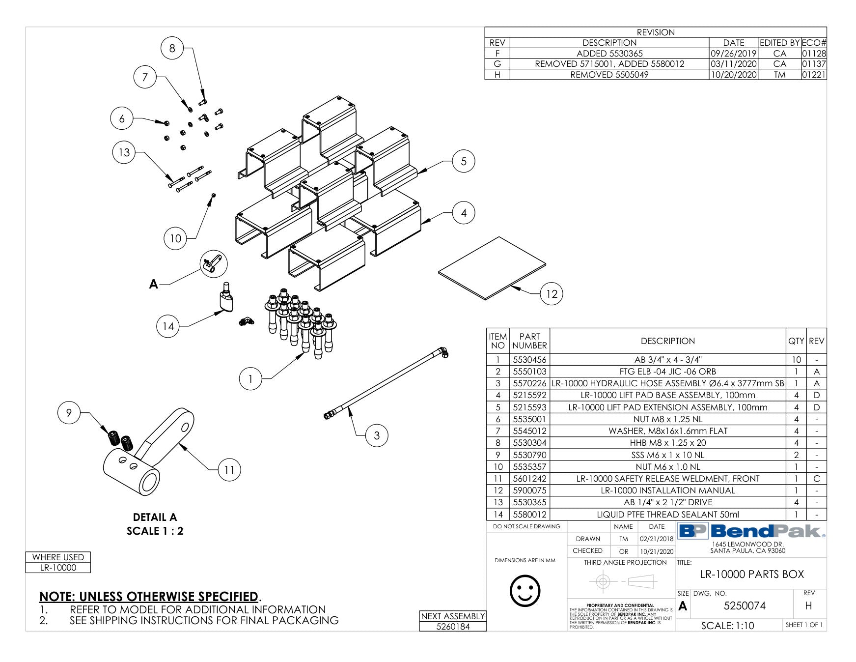 BendPak LR-10000 parts diagram — Sb Hydraulic Hose Assy; Ø6.4 X 3777MM; LR-10000 is item 3 (LR-10000 PARTS BOX)
