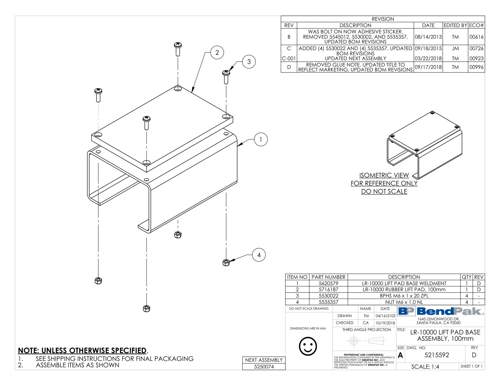 BendPak LR-10000 parts diagram — Phps M6 X 1 X 20 Zinc is item 3 (LR-10000 LIFT PAD BASE ASSEMBLY, 100mm)