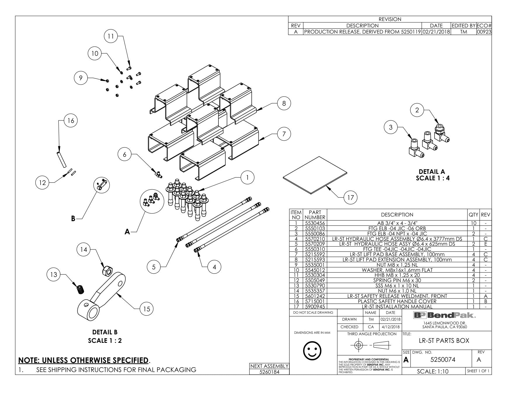 BendPak LR-5T parts diagram — LR-10000 Hydraulic Hose Assembly Ø6.4 X 3777MM Ds is item 4 (LR-5T PARTS BOX)